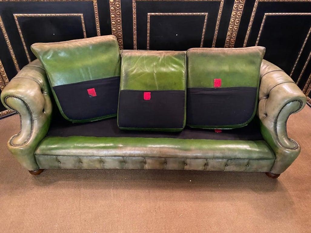 Original Vintage Green Leather Chesterfield Three Seater Sofa Green Faded 1