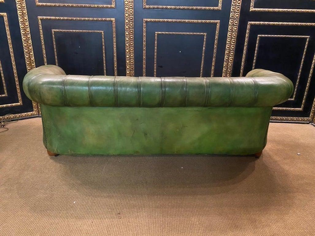 Original Vintage Green Leather Chesterfield Three Seater Sofa Green Faded 2