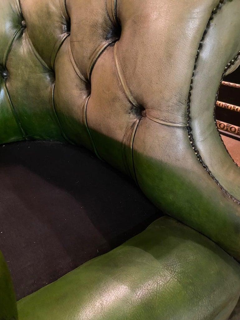 Original Vintage Green Leather Chesterfield Three Seater Sofa Green Faded 3