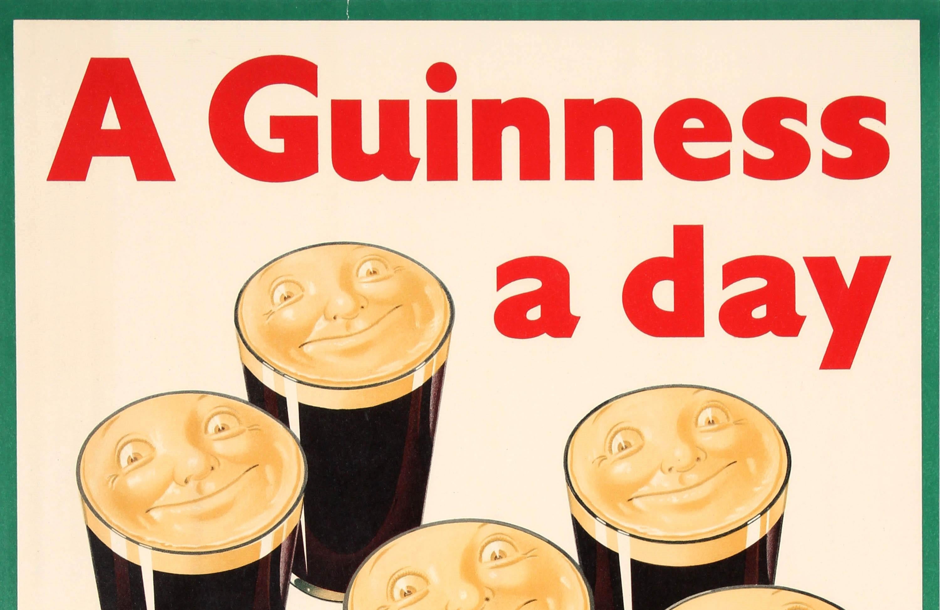 Original vintage iconic drink advertising poster: A Guinness a day Guinness is good for you. Great artwork featuring seven smiling pints of Guinness beer - one glass for each day of the week - with the text above and below in stylised red and black