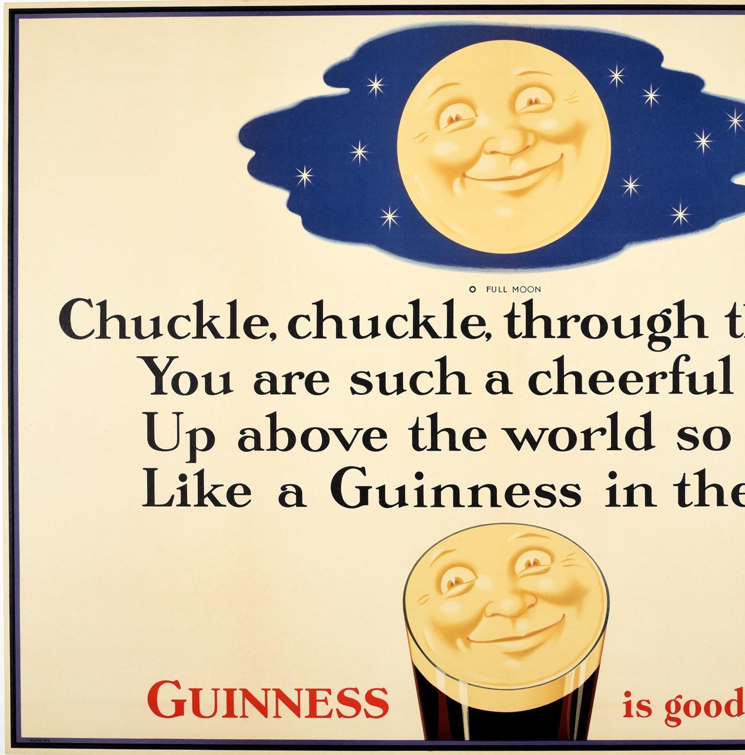 Original vintage advertising poster for Guinness - Guinness is Good for You - featuring a fun and colorful cartoon style image of the iconic smiling Guinness face reflected on the top of a pint glass with the smiling moon in a starry night sky
