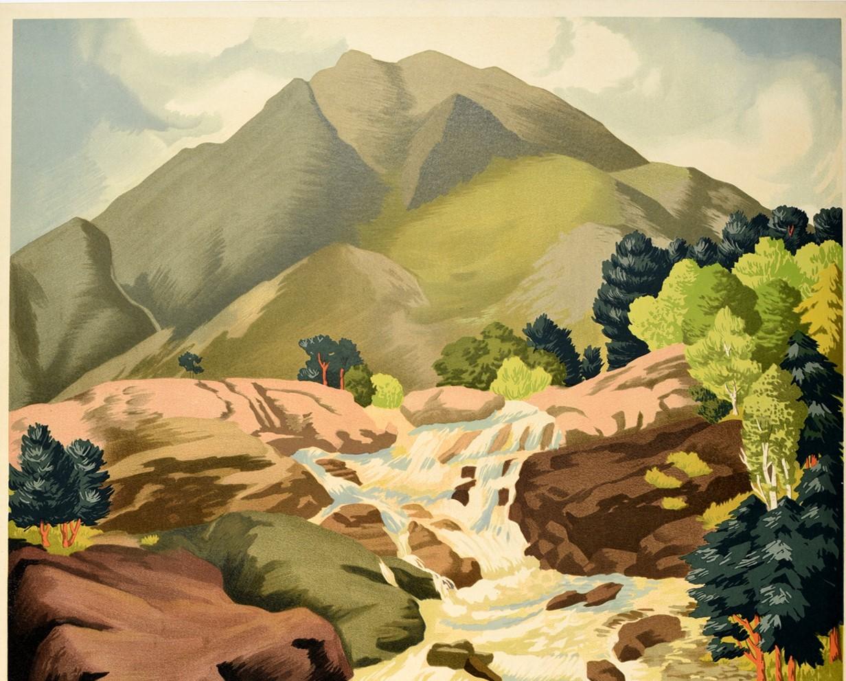 Original vintage GWR train travel poster advertising Wales issued by the Great Western Railway featuring a scenic image of a rocky stream with the water flowing down in front of a hill between trees in the picturesque Welsh countryside and the title