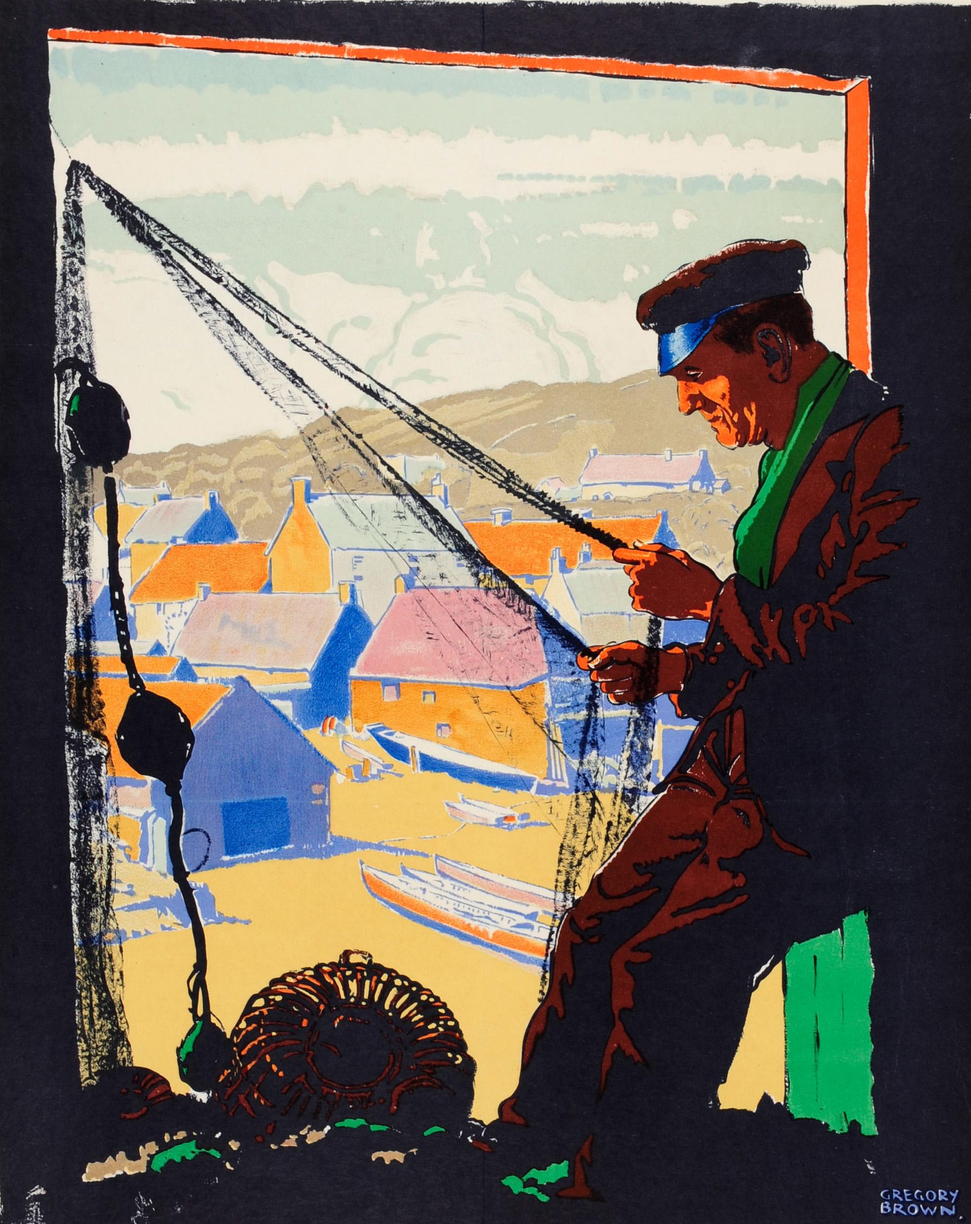 Original vintage GWR Great Western Railway travel advertising poster for Cornwall featuring a great illustration by the artist, metal worker and designer Gregory Brown (Frederic Gregory Brown; 1887-1941) of a man repairing a fishing net with