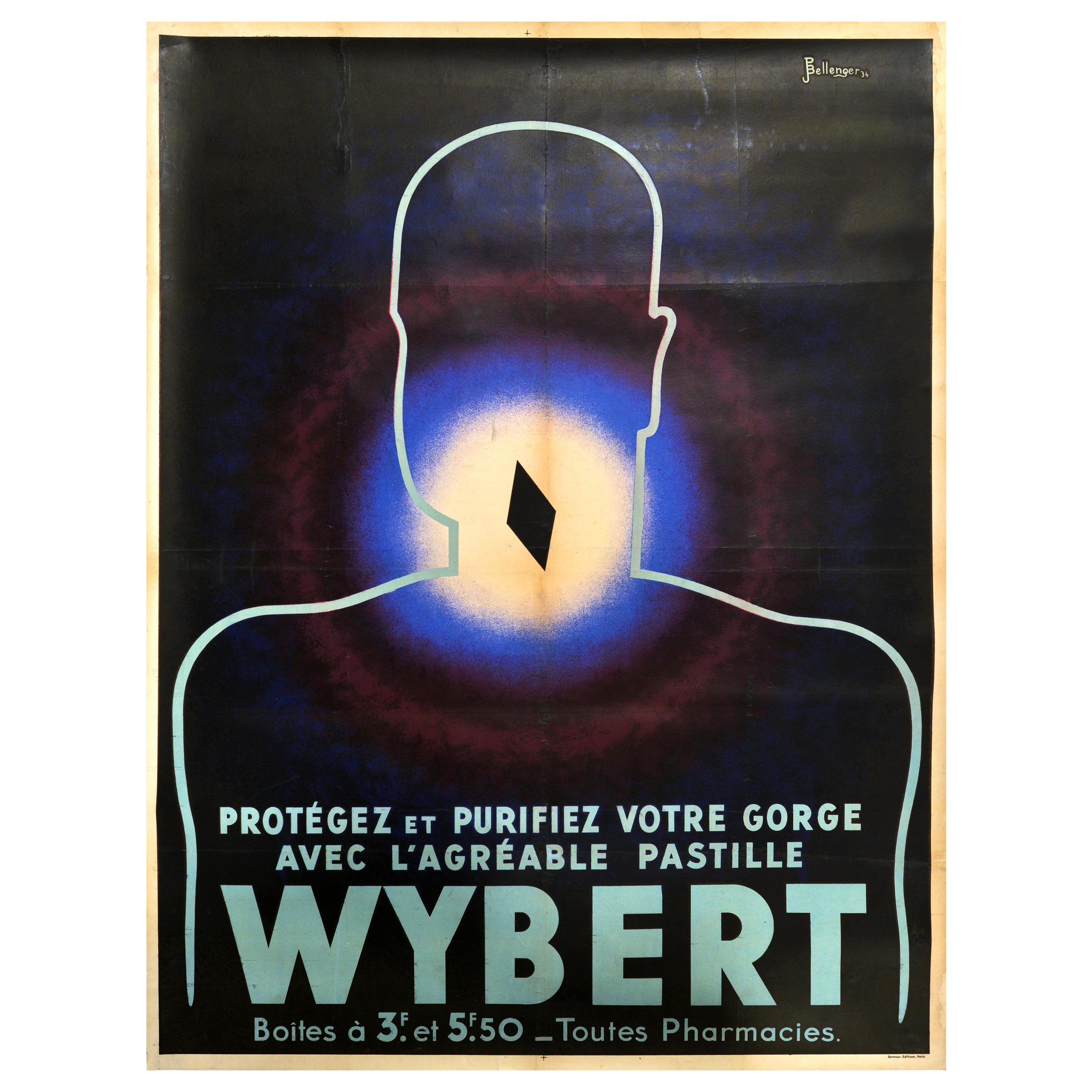 Poster originale d'epoca sui farmaci per la salute Wybert Art Deco, disegno di una pastiglia per la gola