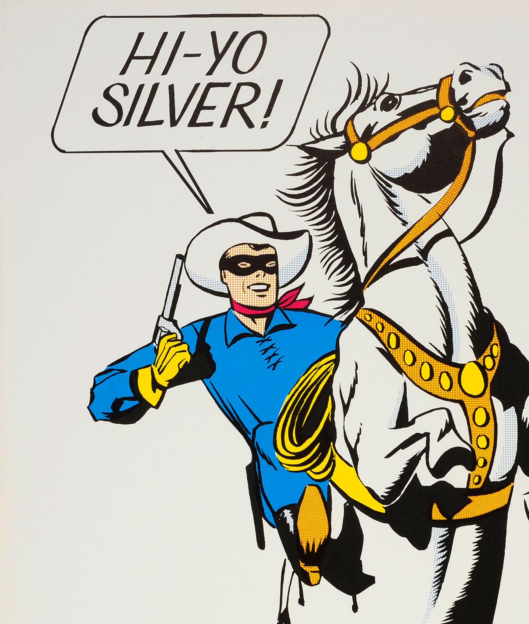Original vintage advertising poster promoting The Lone Ranger animated cartoon series (1966-1969) featuring a fun comic style illustration of the masked Lone Ranger character on his silver white horse rearing up, wearing a cowboy hat and red neck