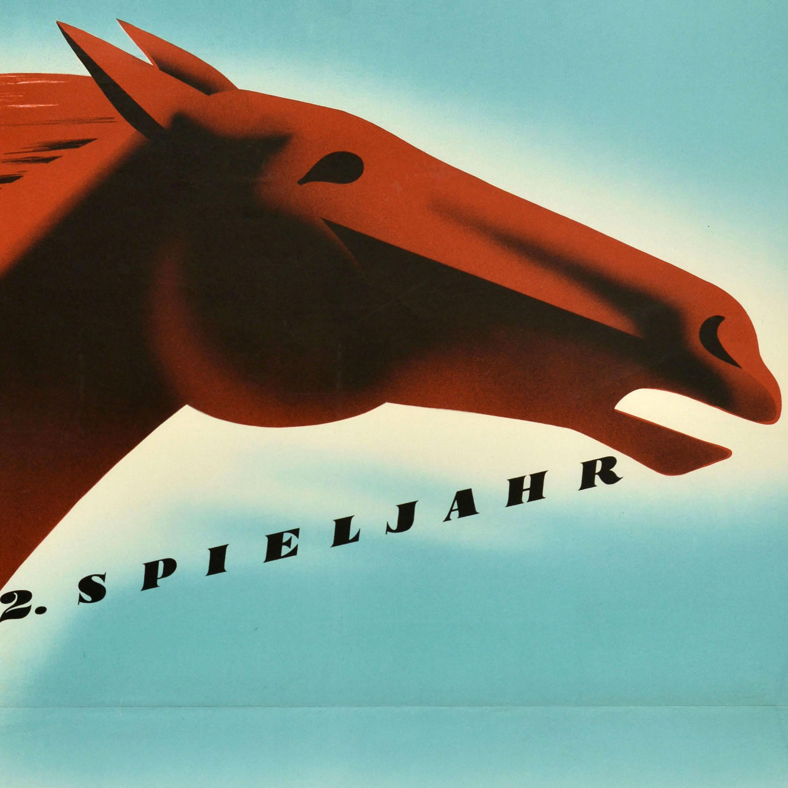 Original vintage horse racing poster for the 2nd Year of the Game Horse Pools / 2. Spieljahr Pferde Toto held on 3-4 April 1954 featuring a great image of a horse's head with its mane flowing back at speed on a blue and white background, the text