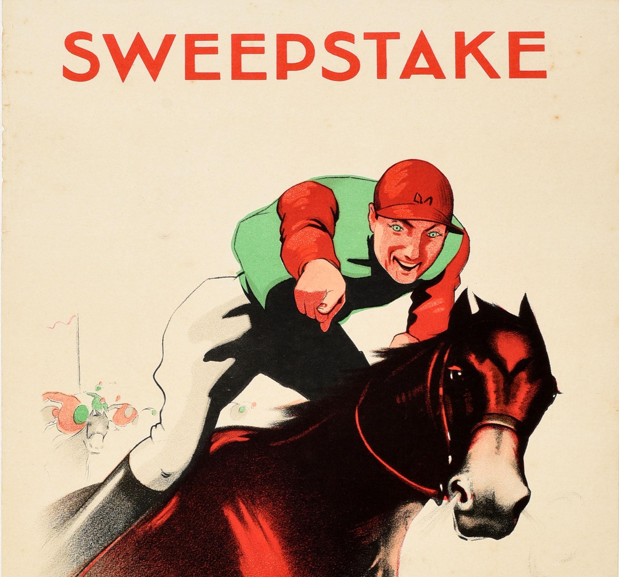 Original vintage horse racing sport poster - Sweepstake Grand Prix de Paris Longchamp 1935 - featuring an Art Deco style image of a smiling jockey pointing to the viewer while racing a horse at speed in front of other jockeys on their horses on the