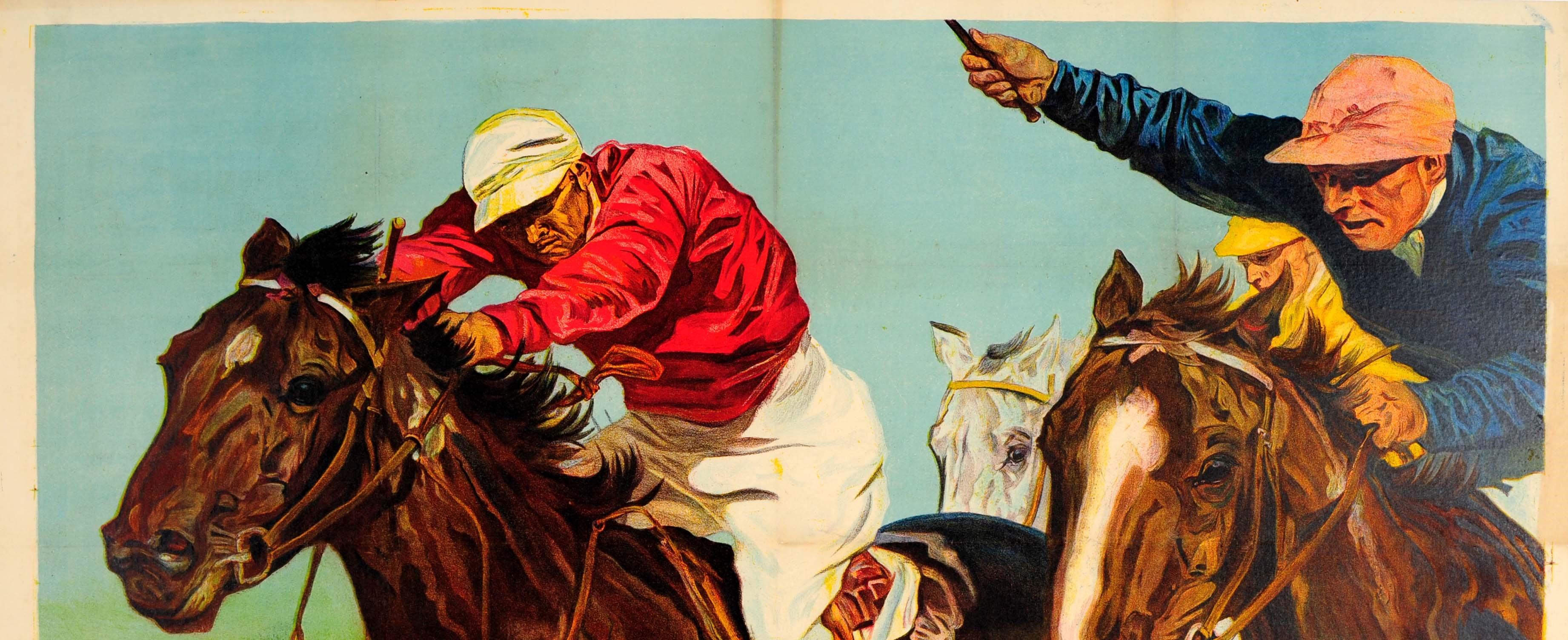 Original vintage horse racing poster depicting a dynamic image of two jockeys riding neck and neck towards the finish line with another rider in the background, featuring great detail in the painting of the horses and the faces and clothes of the