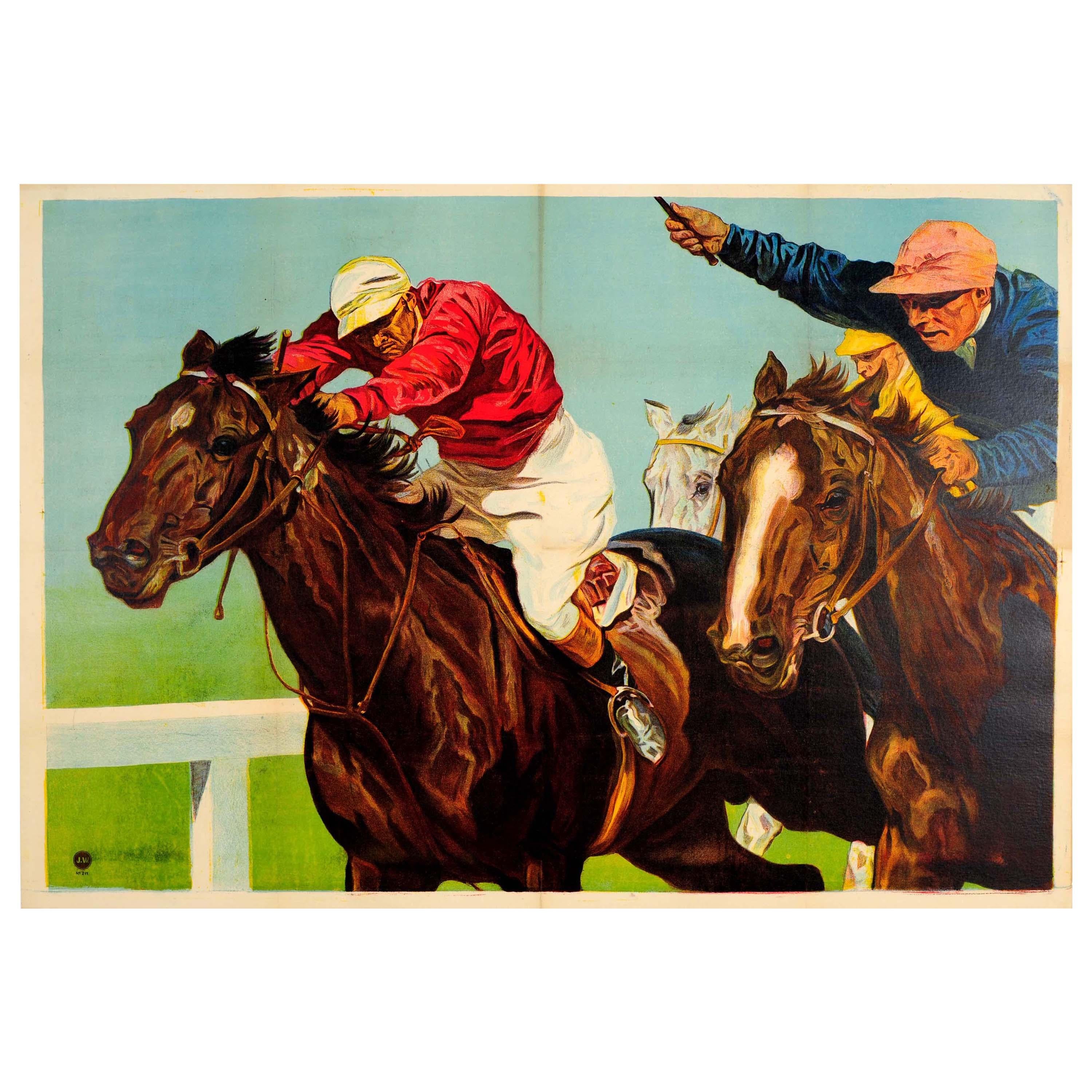 Original Vintage Horse Racing Sport Poster Ft. Painting of Jockeys in Horse Race