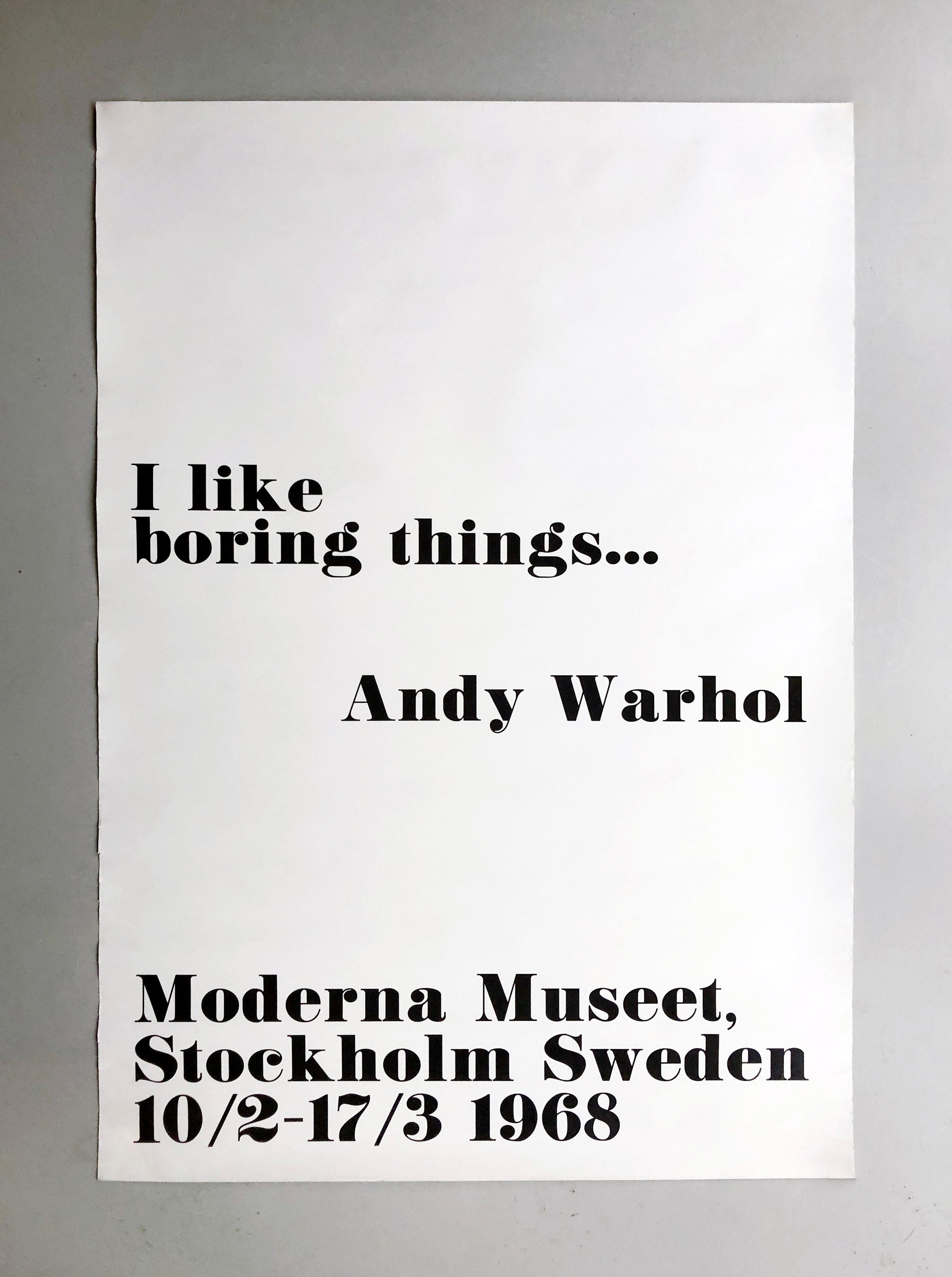 Moderna Museet, Stockholm Suède 10/2-17/3 1968
Affiche promotionnelle originale d'époque pour l'exposition personnelle d'Andy Warhol au Moderna Museet de Stockholm, Suède, qui s'est tenue du 10 février au 17 mars 1968. L'affiche présente un texte