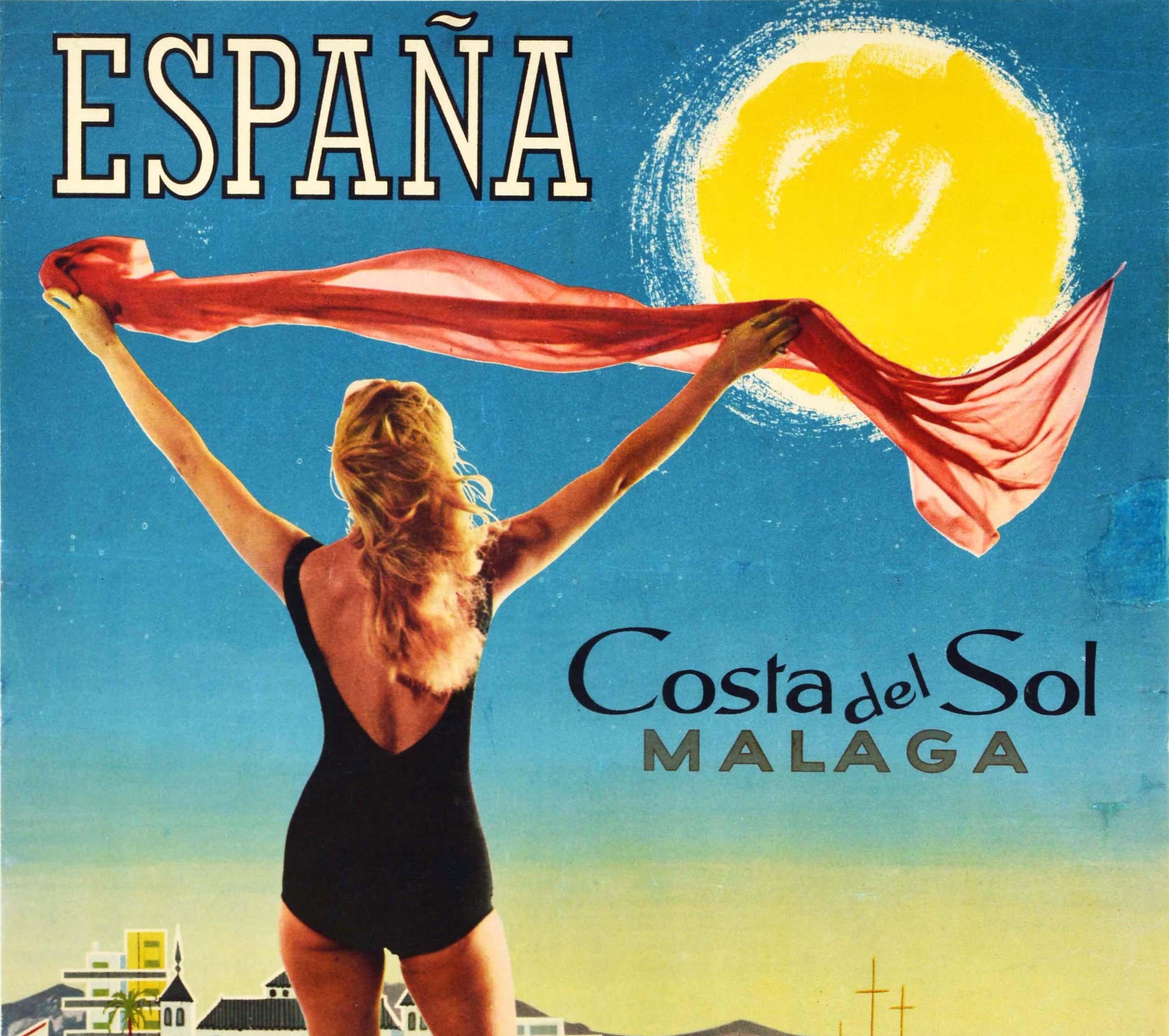 Original vintage Spanish travel poster advertising Malaga Costa del Sol Espana by Iberia Lineas Aereas de Espana / Air Lines of Spain featuring a colourful image of a lady wearing a swimsuit and holding up a scarf billowing in the wind in the