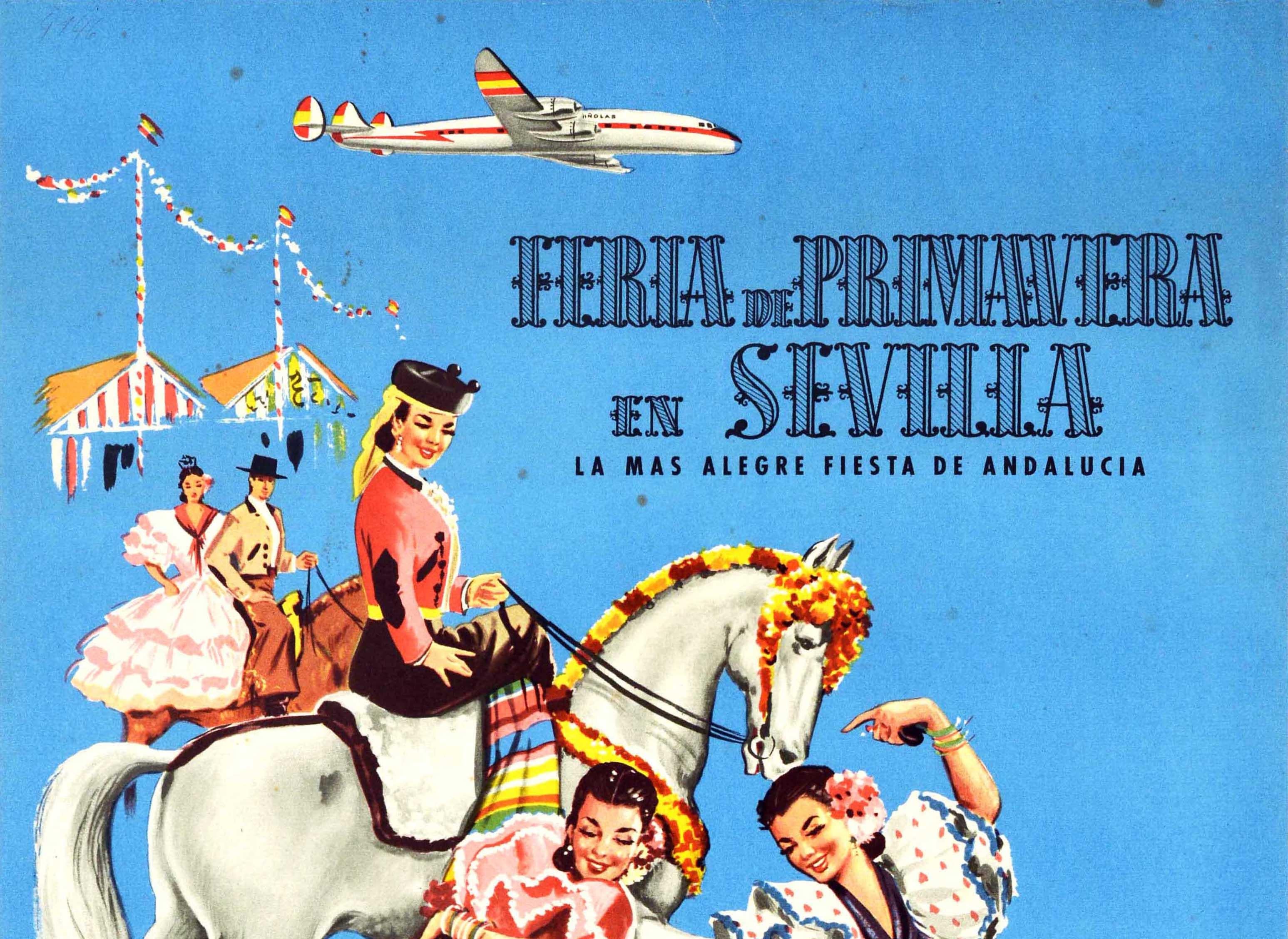 Espagnol Affiche rétro originale de voyage d'Iberia Airlines pour Fiera De Primavera, Sevilla, Espagne en vente