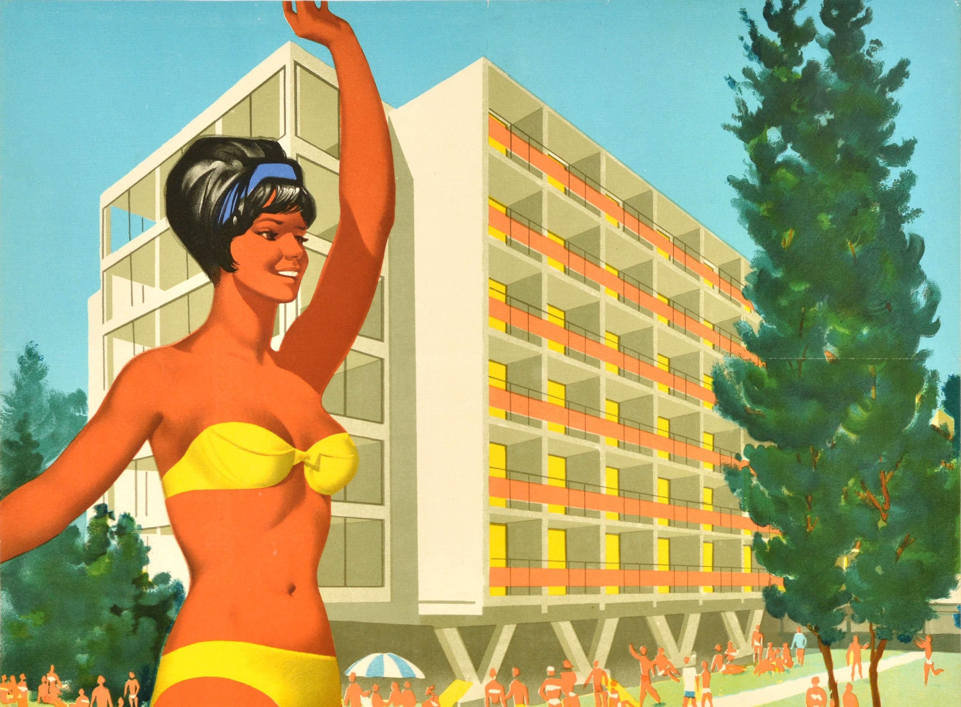 Original vintage travel poster for the resort area of Balaton The New Holiday Paradise / Balaton Det Nya Semesterparadiset featuring a colourful illustration of a smiling lady in a yellow bikini swimsuit standing in the water with tourists