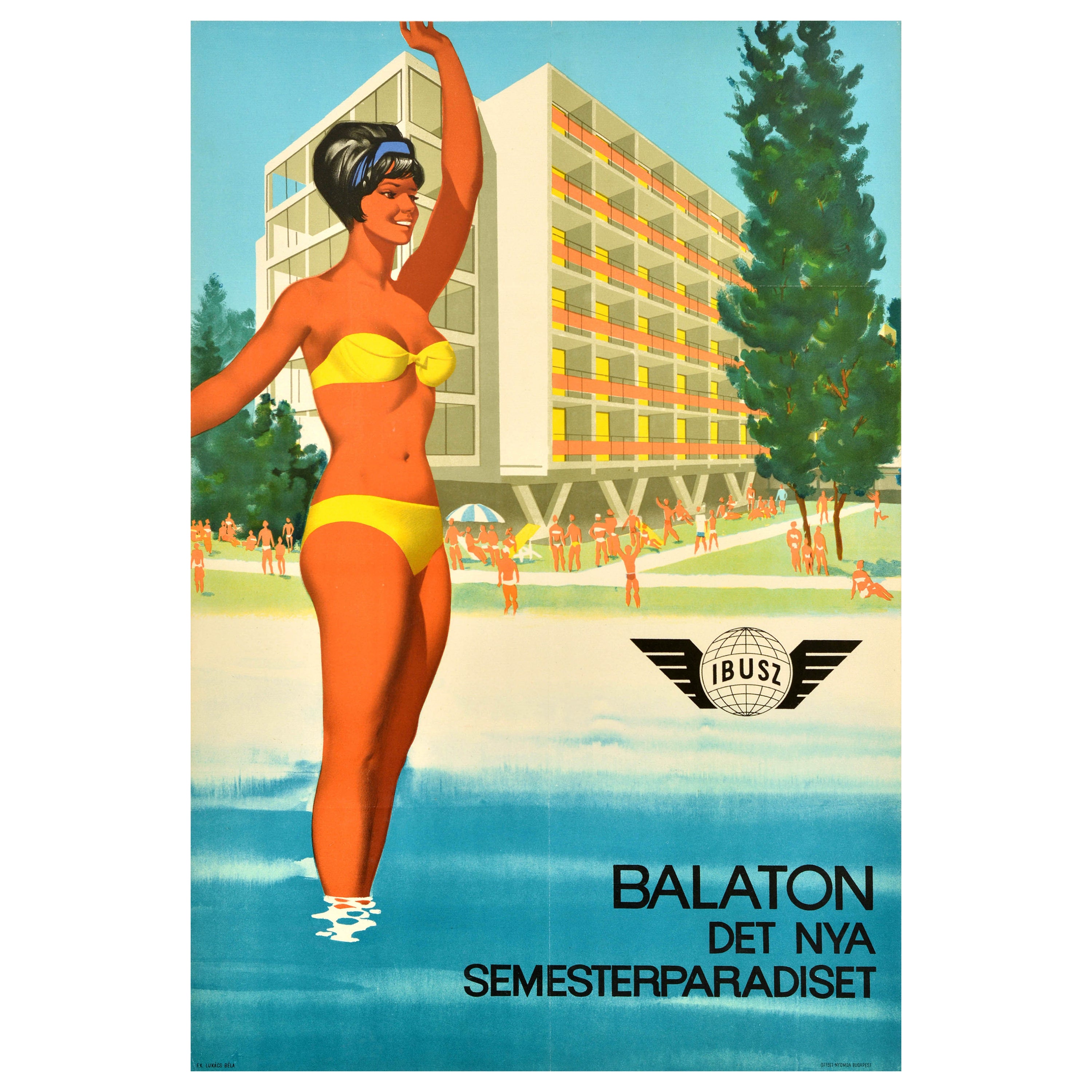 Poster di viaggio originale d'epoca di Ibusz Balaton Ungheria Nuova vacanza Paradiso Resort in vendita