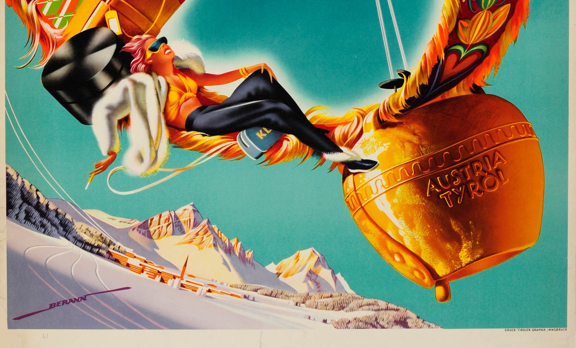Austrian Original Vintage Igls Tyrol Ski Poster Mountain Resort Skiers and Dog On Cowbell For Sale