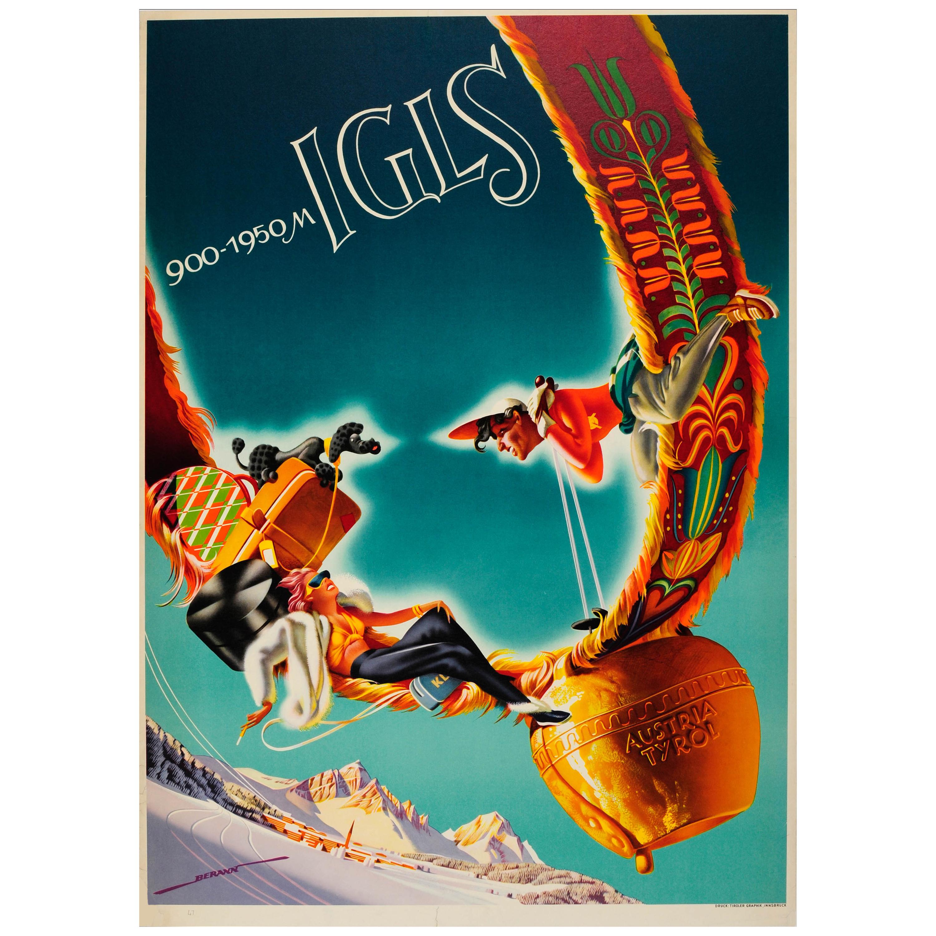 Original Vintage Igls Tyrol Ski Poster Mountain Resort Skiers and Dog On Cowbell