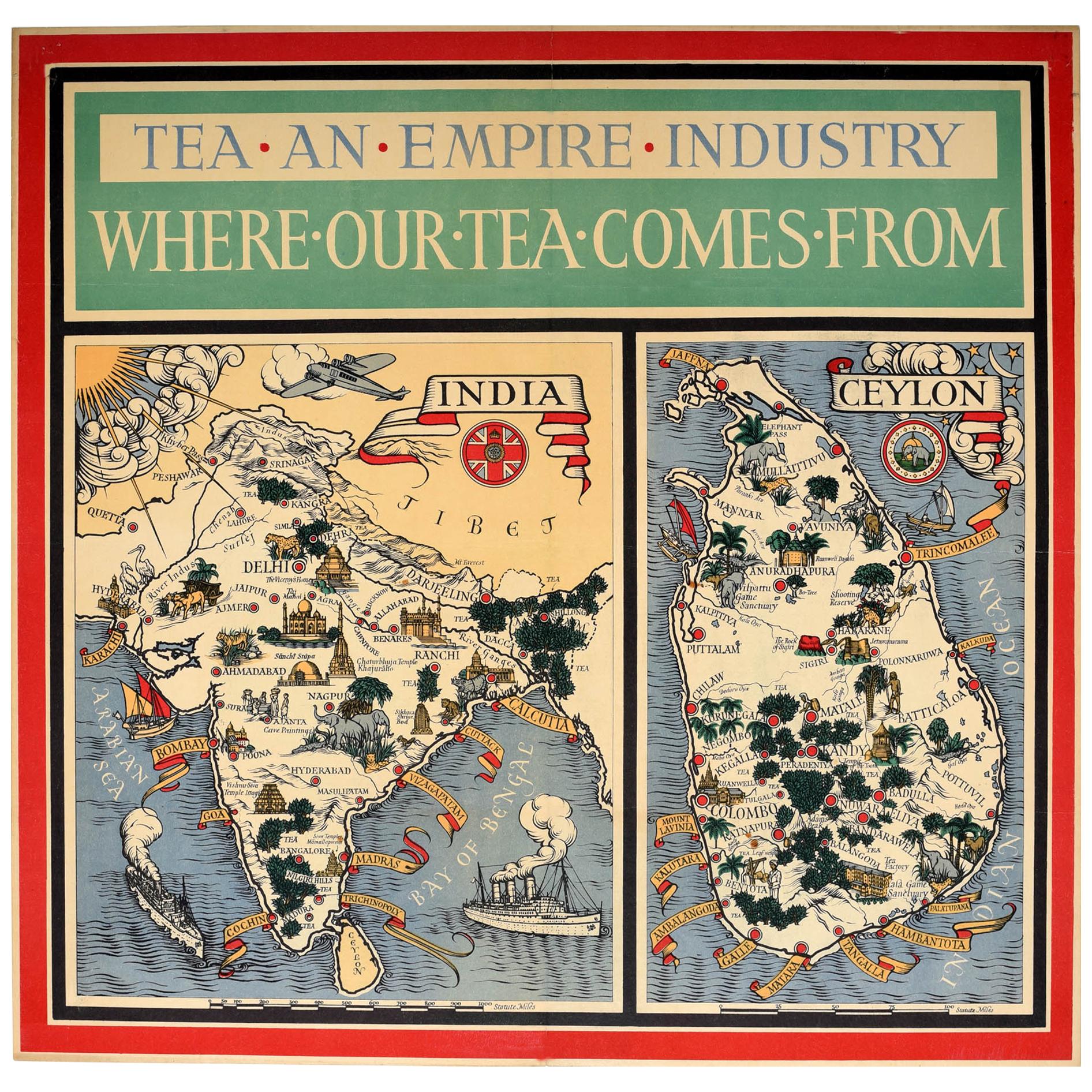 Original Vintage Illustrated Map Poster Empire Industry Where Our Tea Comes From For Sale