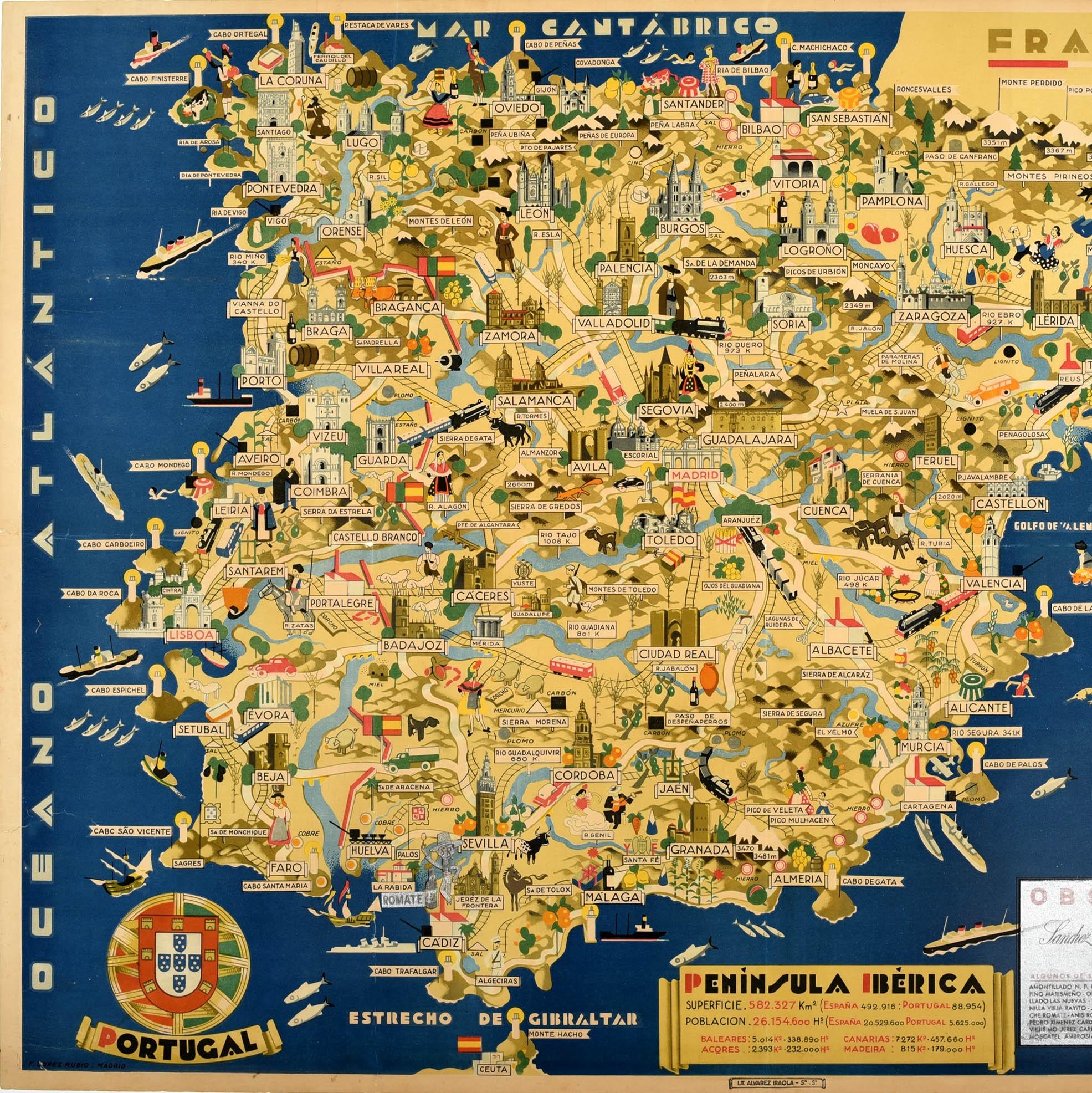 Original vintage pictorial travel poster for Spain and Portugal featuring a colourful illustrated map of the Iberian Peninsula Iberica depicting images of various places of natural and historical interest, sports and activities including cathedrals,