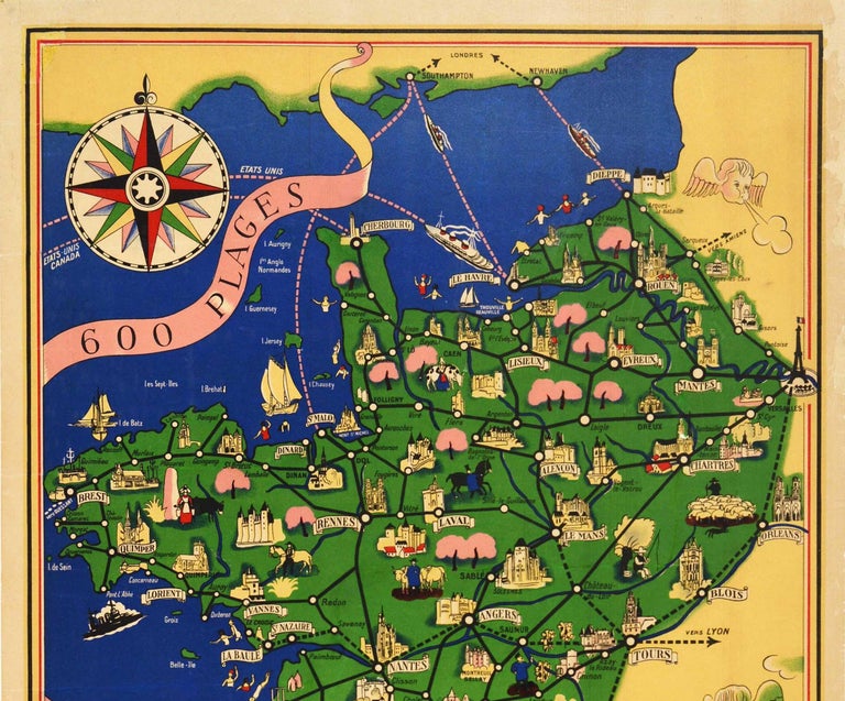 Original vintage travel poster featuring a colourful Illustrated Map of the State Railways Sea and Tourism Network / Carte Illustre des Chemins de Fer de l'Etat Reseau de la Mer et du Tourisme by Lucien Boucher (1889-1971) marking routes from Dieppe