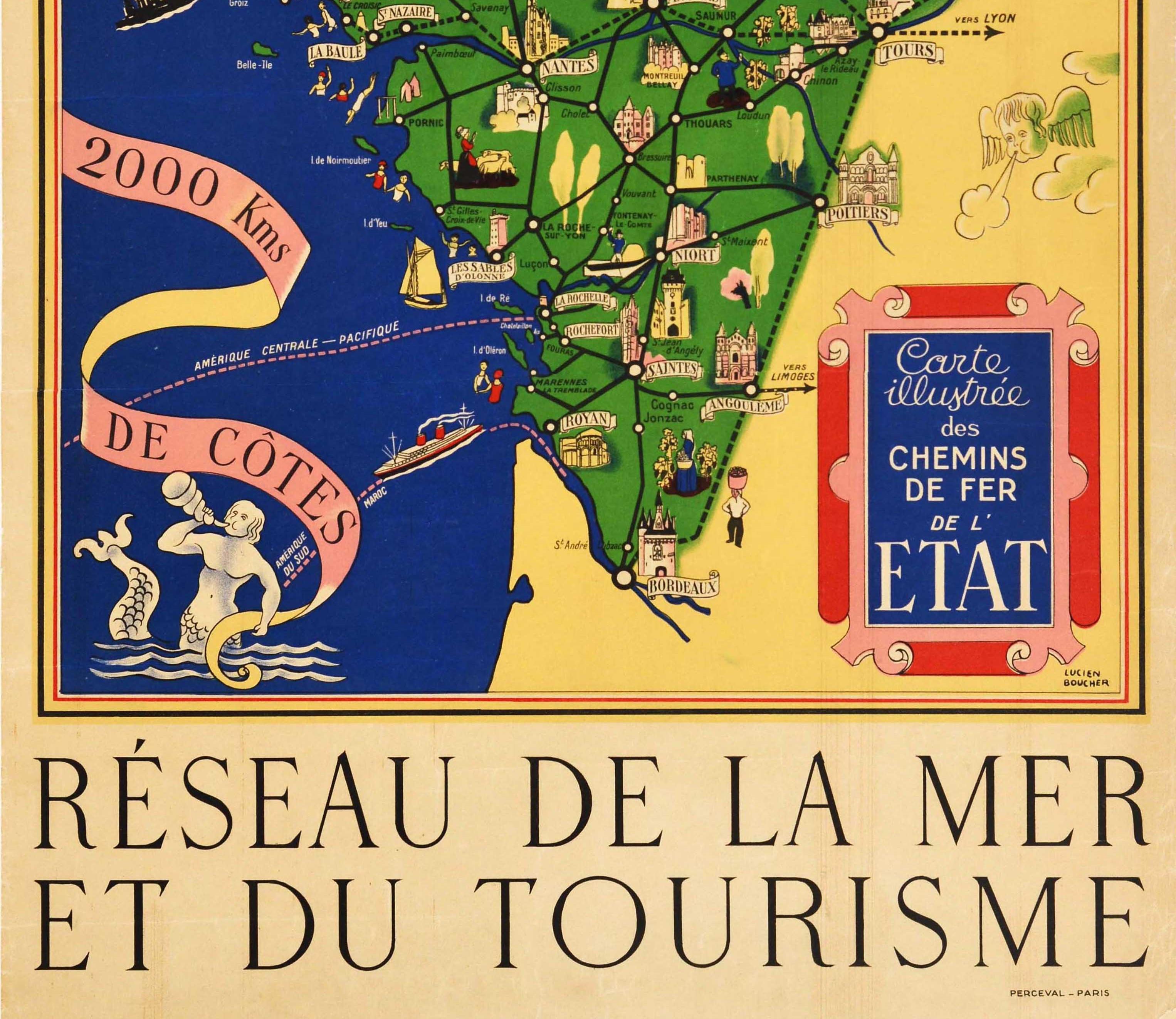 Français Affiche vintage d'origine d'une carte illustrée de voyage en chemin de fer, Normandie, Bretagne, Paris en vente