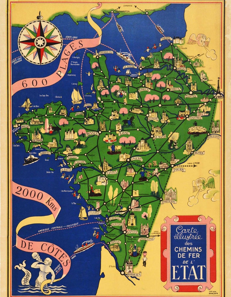 Original Vintage Illustrated Map Poster Railway Travel Normandy Brittany Paris In Fair Condition For Sale In London, GB
