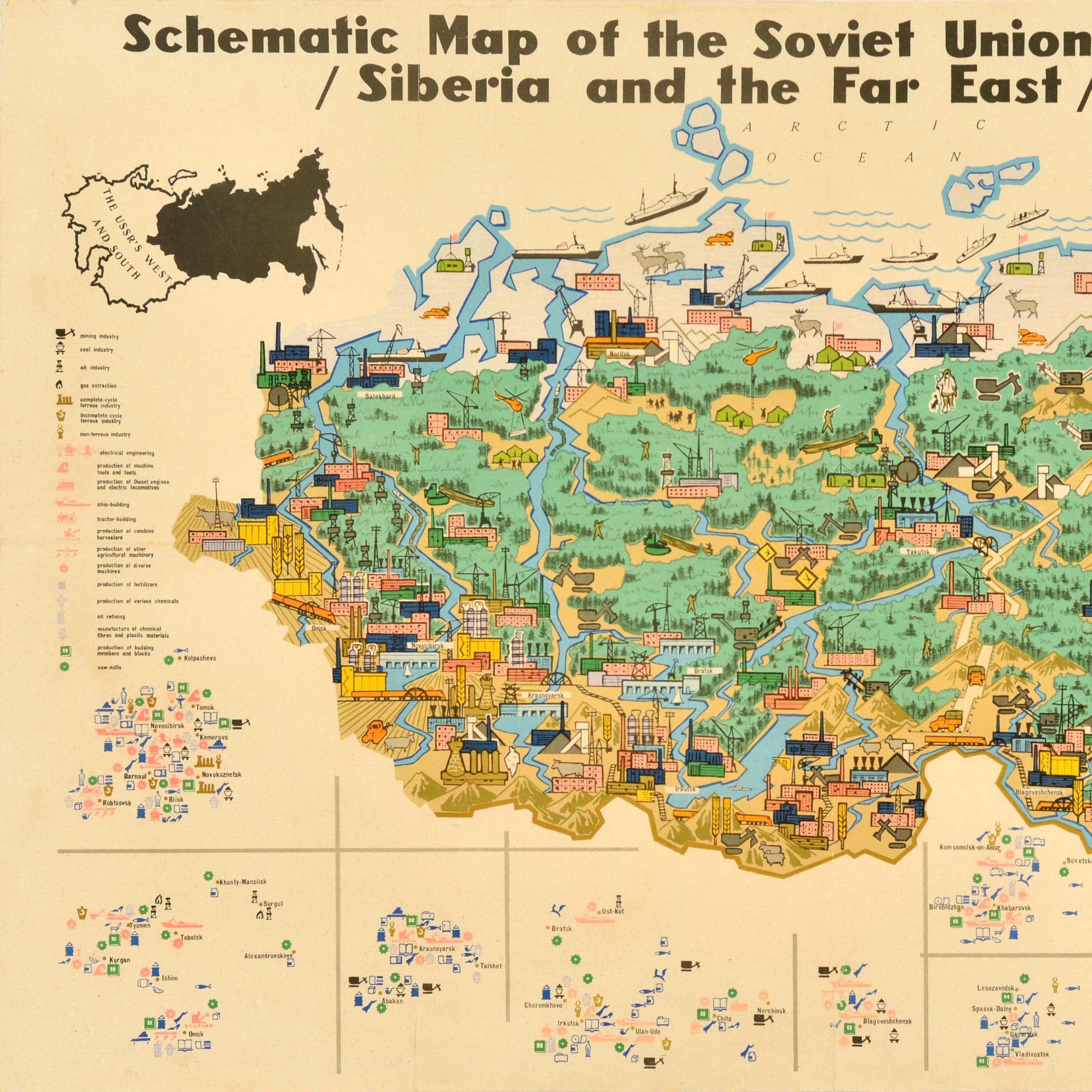 Affiche cartographique illustrée originale d'époque - Carte schématique de la Sibérie orientale et de l'Extrême-Orient de l'Union soviétique - présentant des forêts, des rivières, des montagnes, du bétail et d'autres animaux, la navigation, la