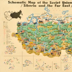 Original Vintage Illustrated Map Poster Schematic Map Soviet Union USSR Russia
