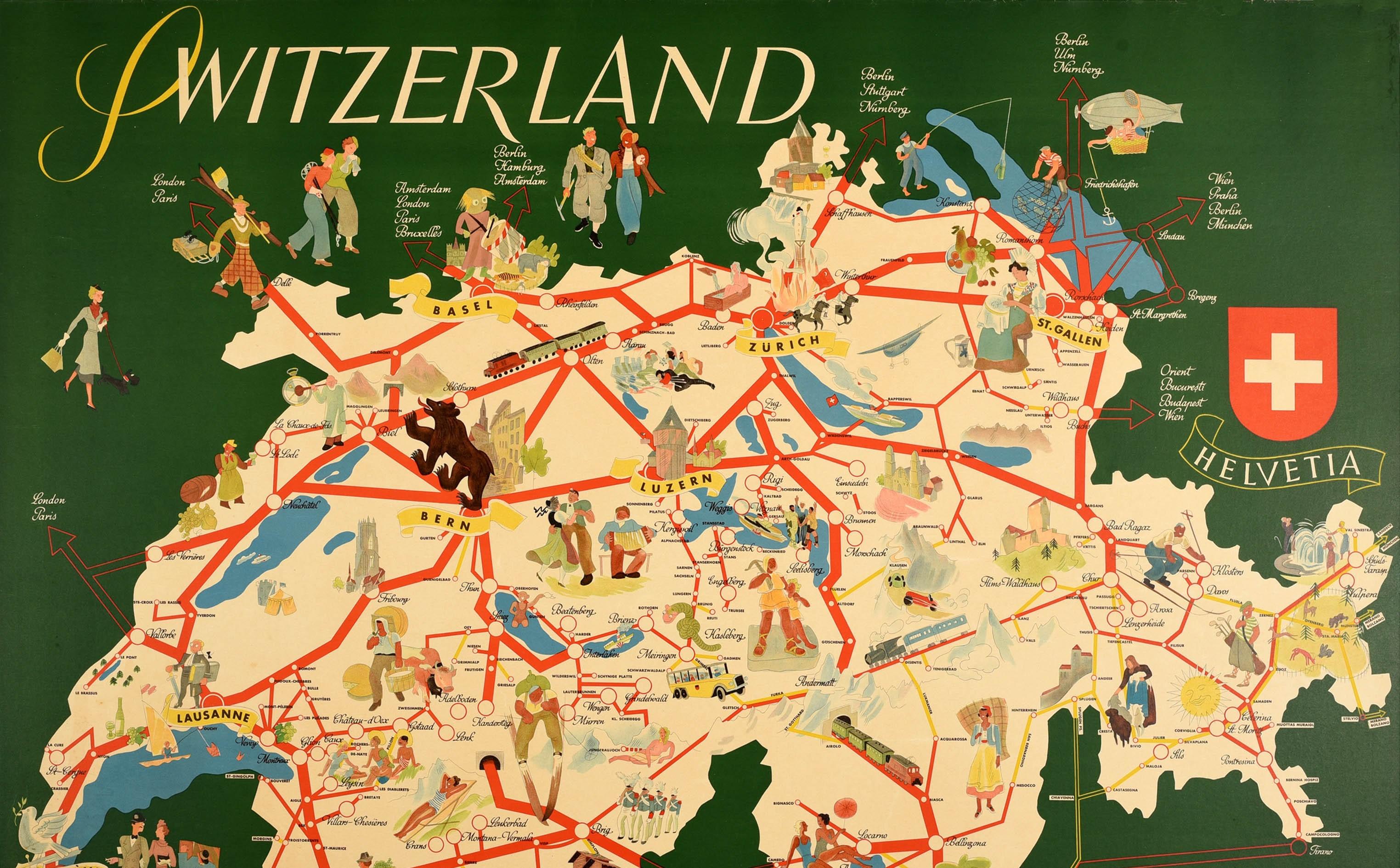 Original vintage travel poster featuring a pictorial map of Switzerland showing trains on the route lines through the country with colourful images of places, summer and winter sport and other activities including people skiing and mountain