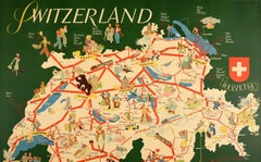 Original Vintage Illustrated Map Poster Switzerland Railway Travel Sport Nature
