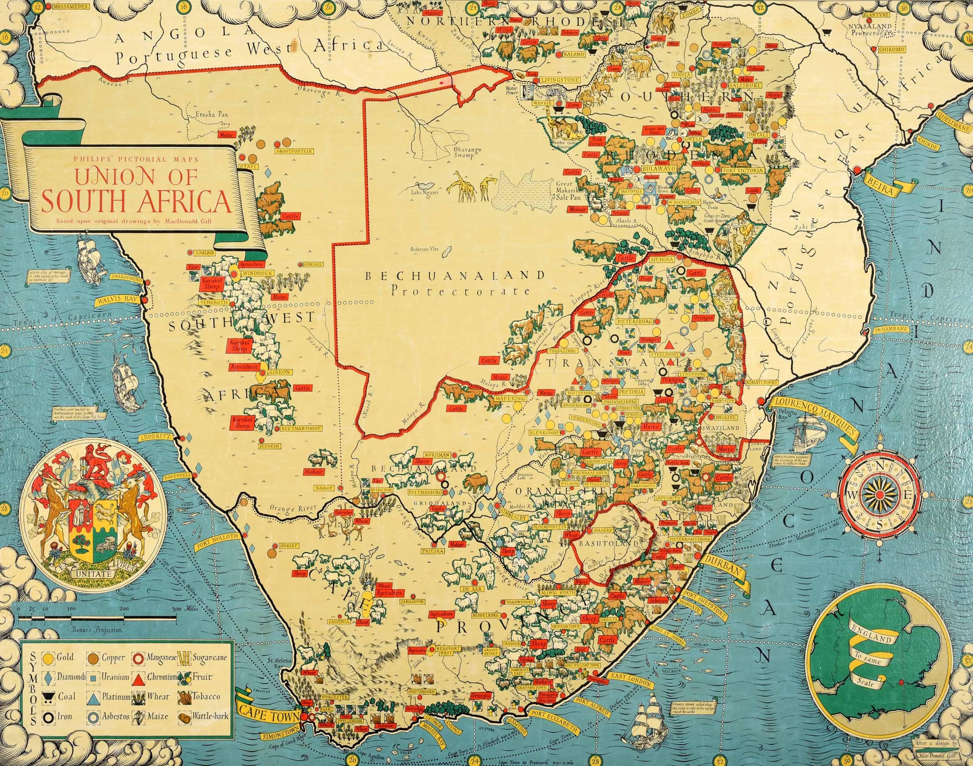Original vintage illustrated map poster for the Union of South Africa - Philips pictorial map based upon original drawings by notable British graphic designer, cartographer, artist and architect Leslie MacDonald Gill (1884-1947) - Map features