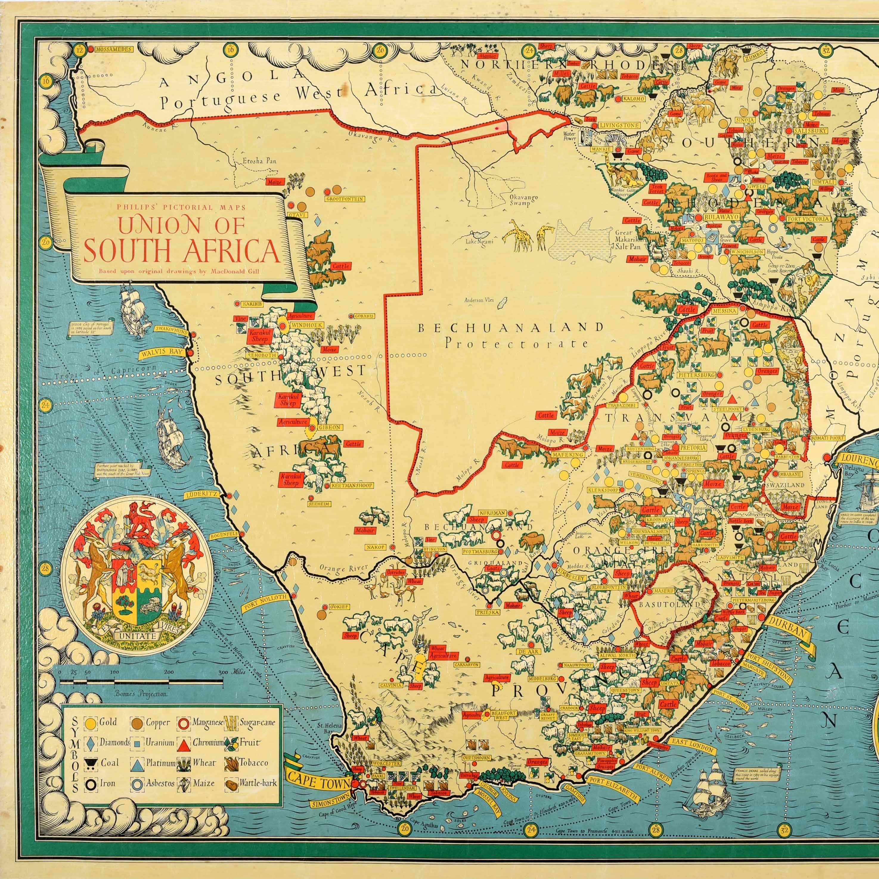 Britannique Affiche vintage originale d'une carte illustrée Union of South Africa MacDonald Gill en vente
