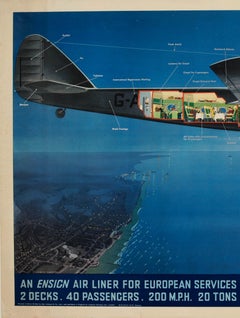 Original Vintage Imperial Airways Ensign Air Liner Travel Poster Europe Services