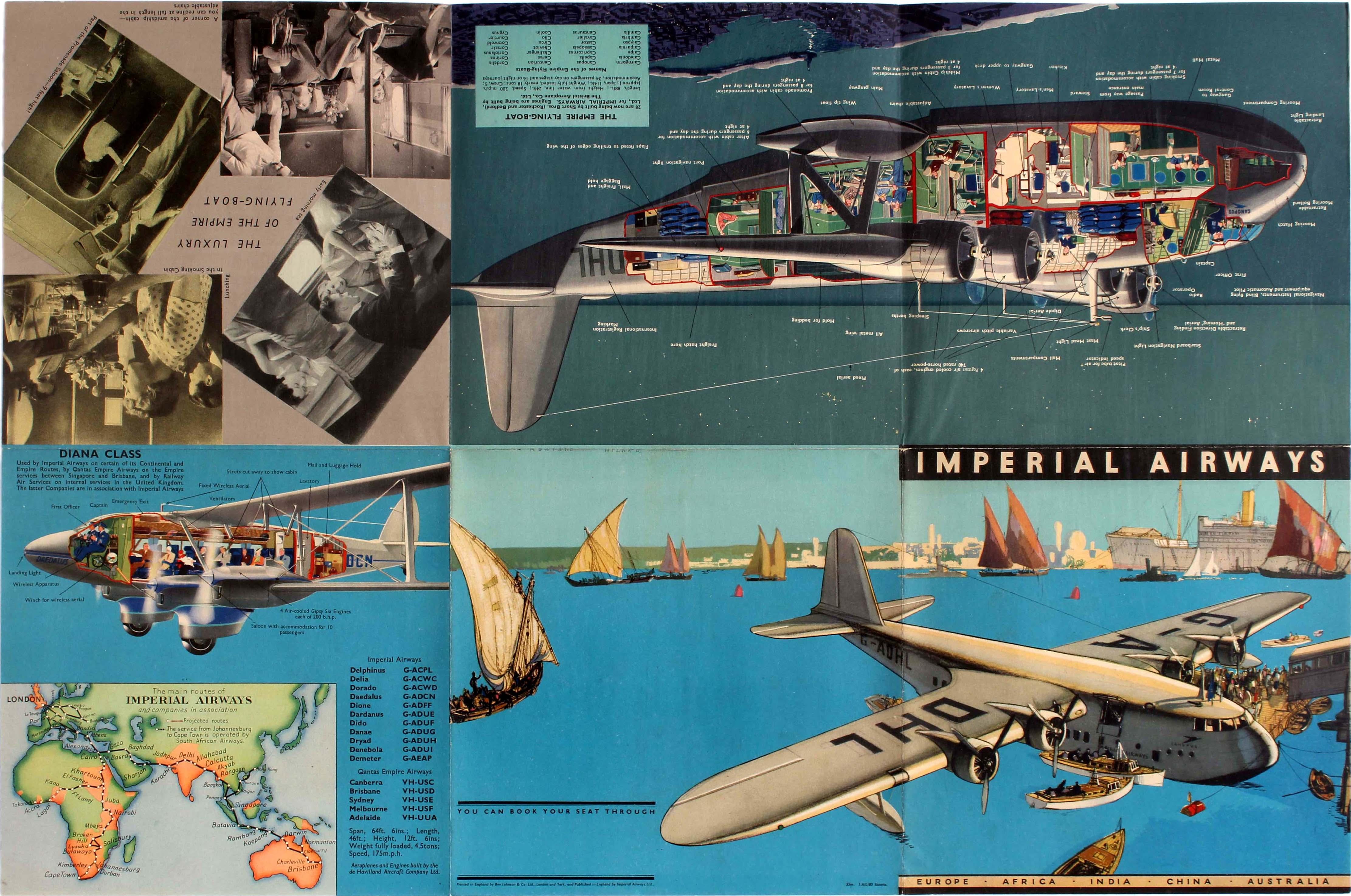 Original vintage double sided travel advertising chromolithograph brochure poster published by Imperial Airways The Greatest Air Service in the World featuring fantastic artwork on the cover side depicting passengers boarding an Empire Flying Boat