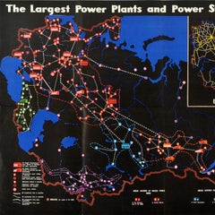 Original Vintage Information Poster Largest Power Plants USSR Soviet Union