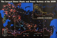 Original Vintage Information Poster Largest Power Plants USSR Soviet Union