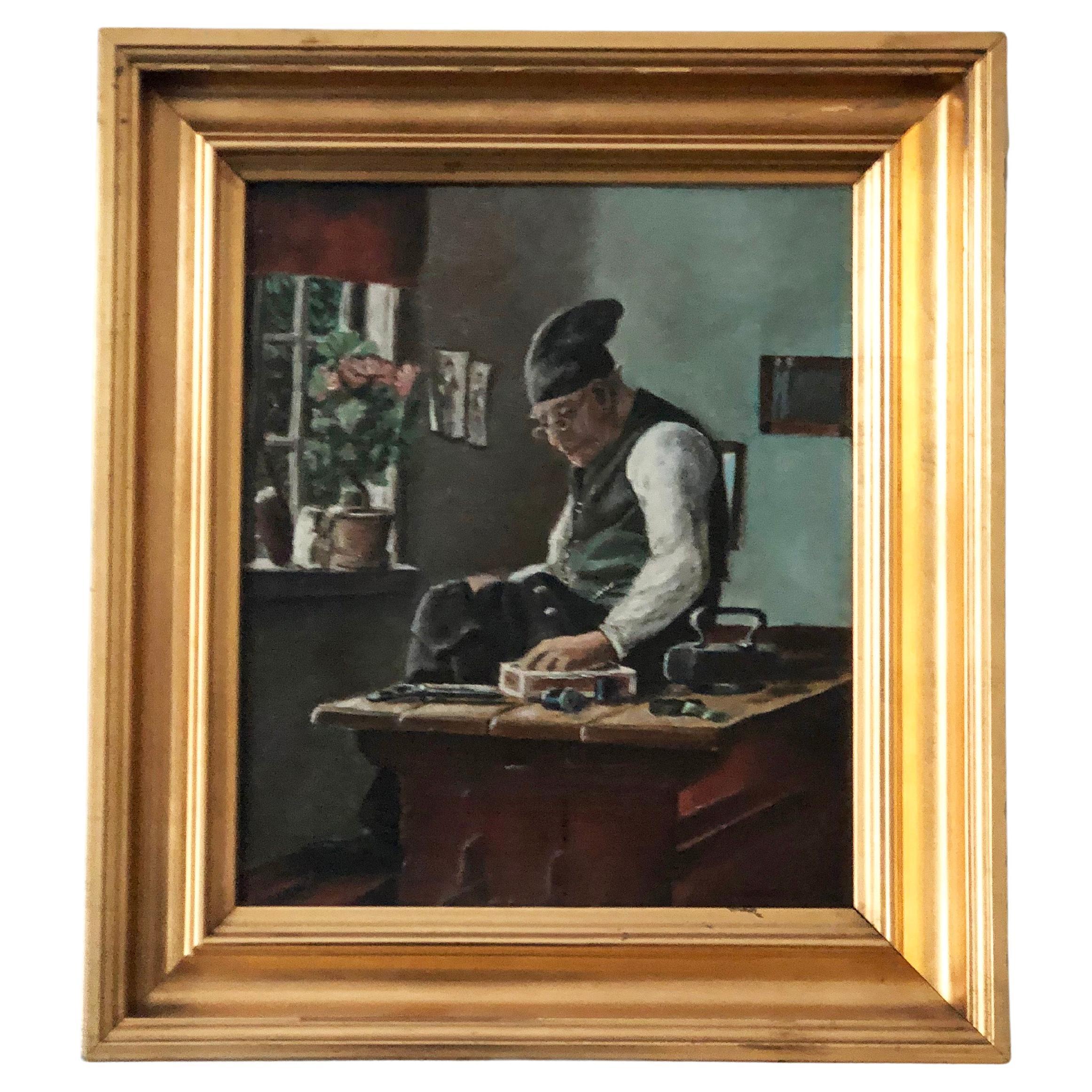 Original Vintage Interieur Ölgemälde, Handwerker bei der Arbeit, um 1920