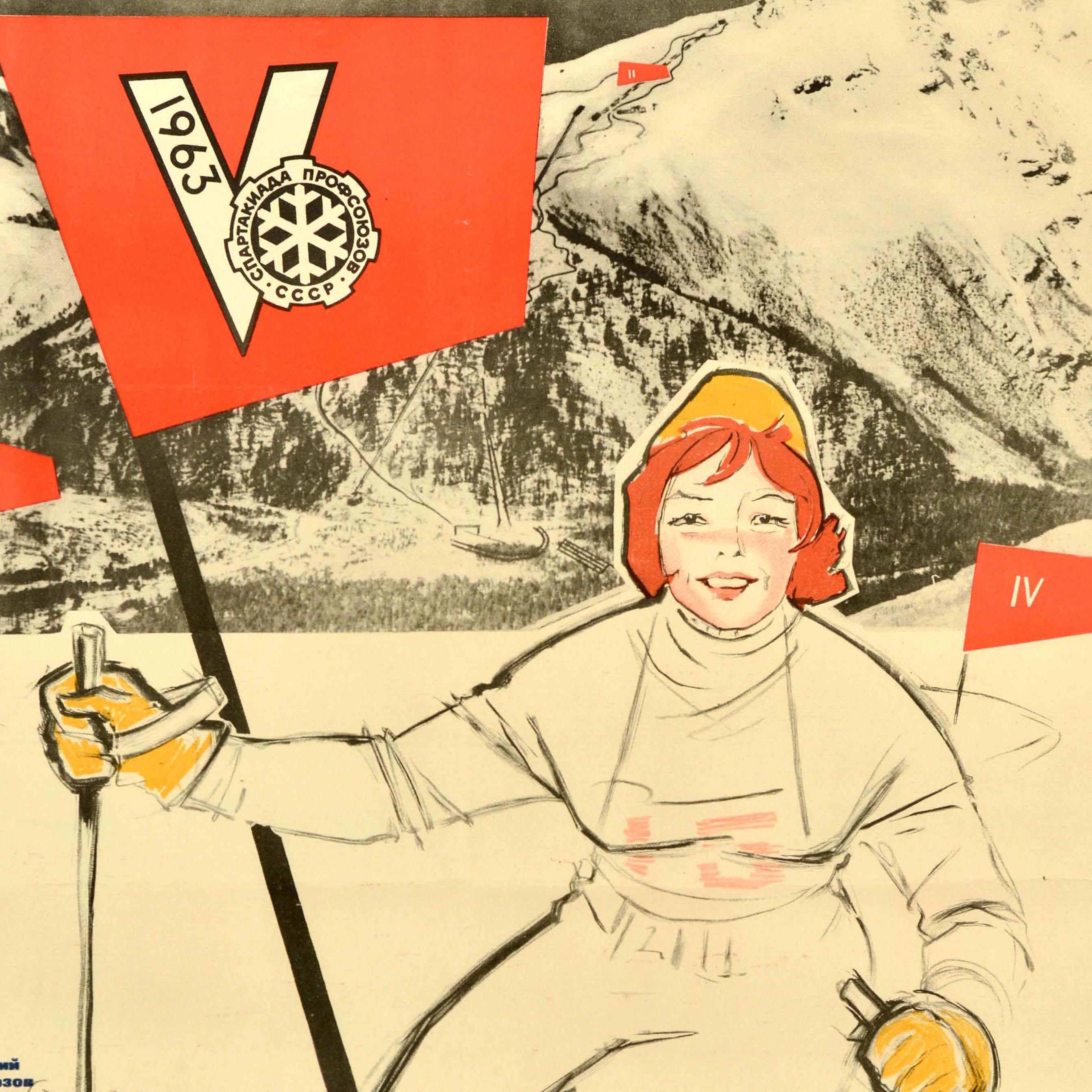 Affiche originale d'époque d'un événement sportif international pour la Latvijas PSR Arodbiedribu II Ziemas Spartakiade / Winter Spartakiad of Trade Unions of the Latvian SSR qui s'est tenue à Sigulda du 24 au 27 janvier 1963, représentant une femme
