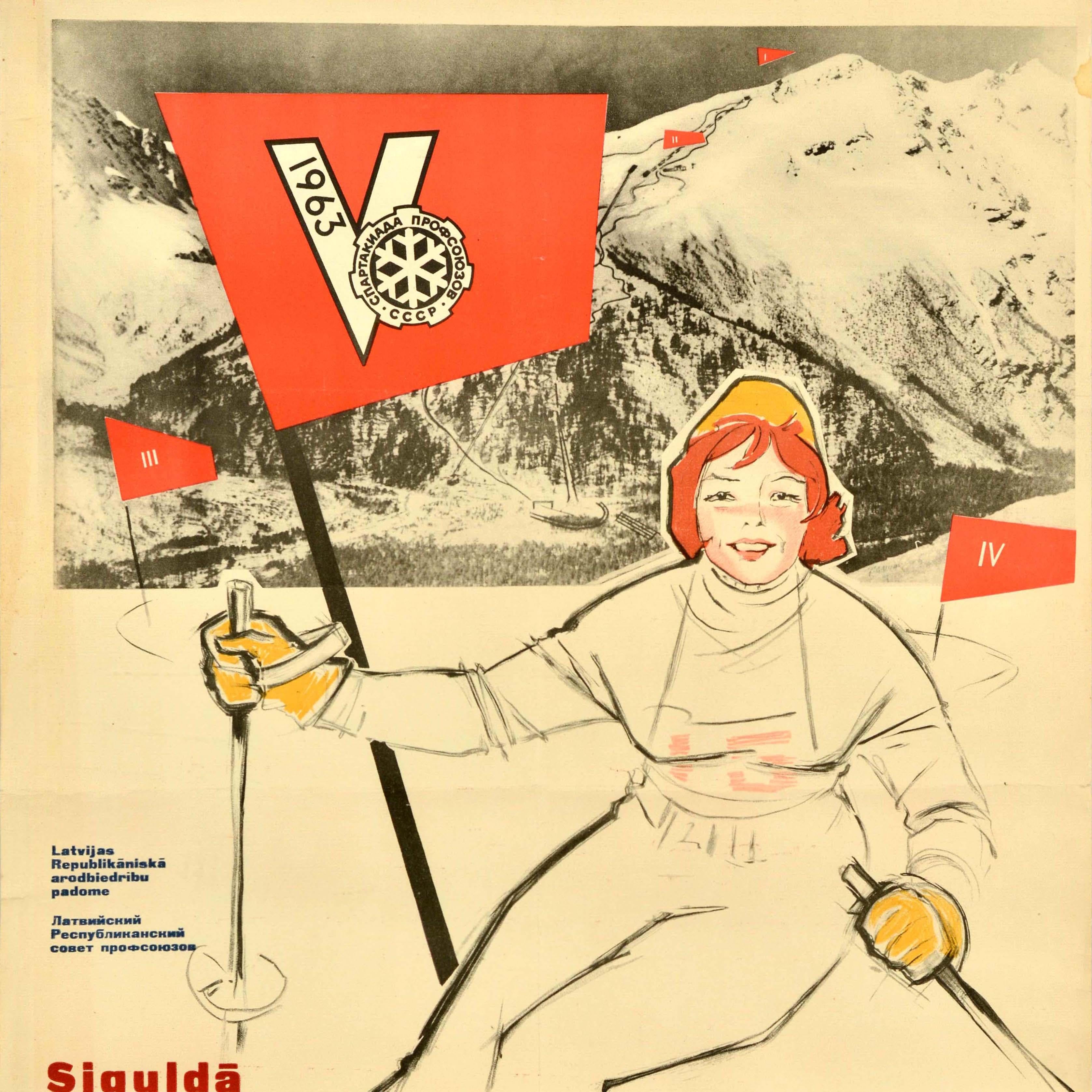 Letton Affiche vintage originale d'événements sportifs internationaux d'hiver Spartakiad Latvia USSR en vente