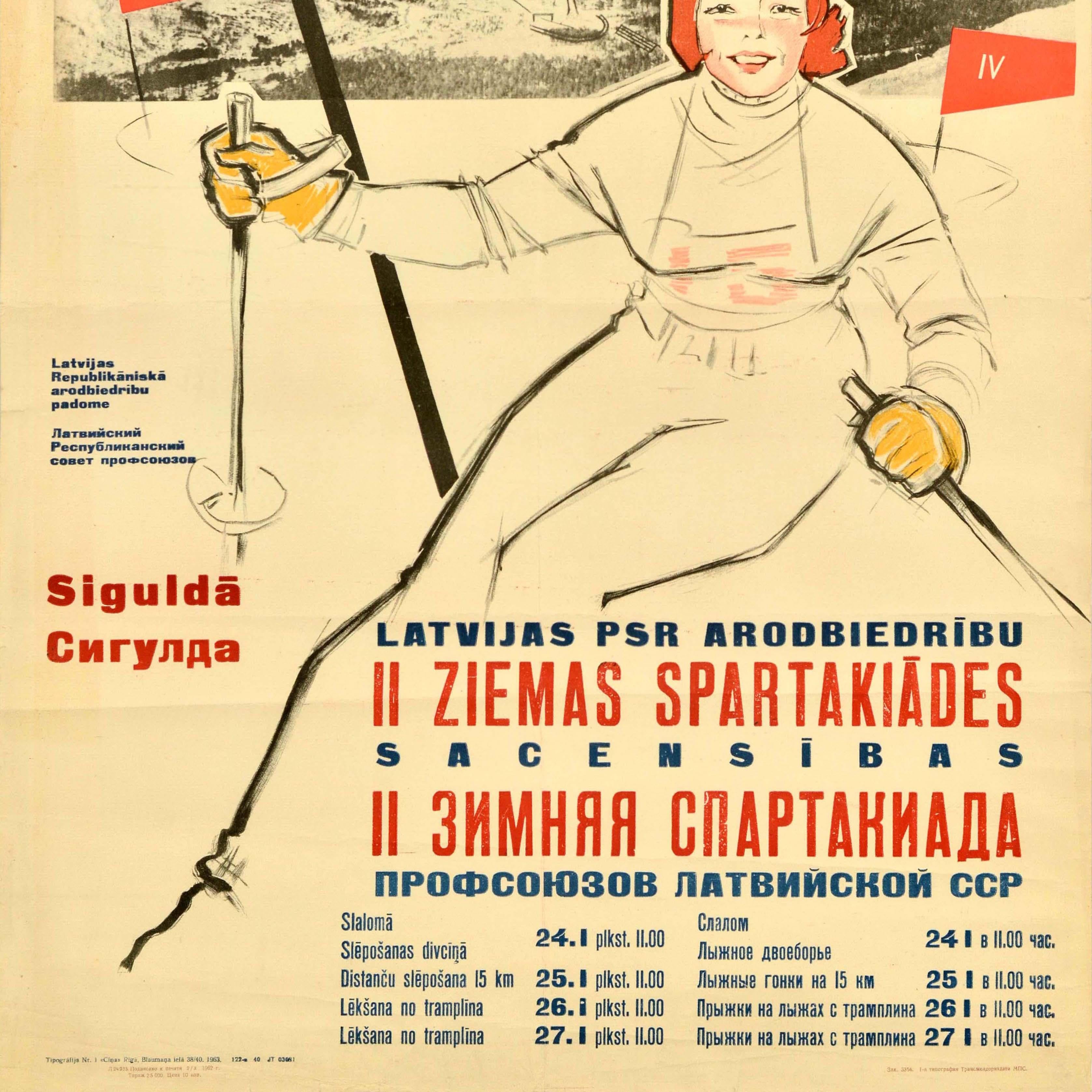 Affiche vintage originale d'événements sportifs internationaux d'hiver Spartakiad Latvia USSR Bon état - En vente à London, GB