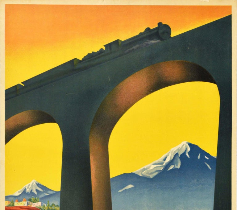 Original vintage travel poster for Soviet Armenia issued by the state travel company Intourist featuring a stunning Art Deco style image of elegantly dressed people driving a classic car under a railway bridge arch with a steam train crossing the
