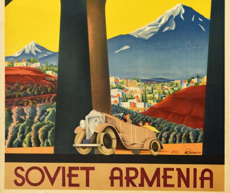 Russian Original Vintage Intourist Poster Soviet Armenia Mountains Art Deco Car Railway For Sale