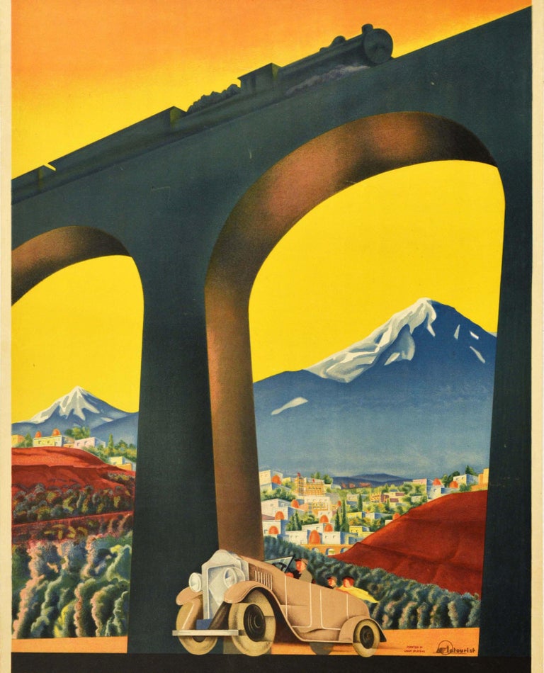 Original Vintage Intourist Poster Soviet Armenia Mountains Art Deco Car Railway In Good Condition For Sale In London, GB