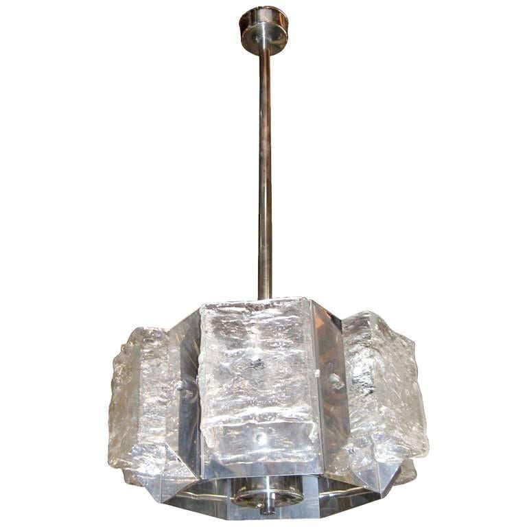 Lampe à suspension italienne vintage d'origine, 6 verres de Murano transparents soufflés, Mazzega, vers 1960
