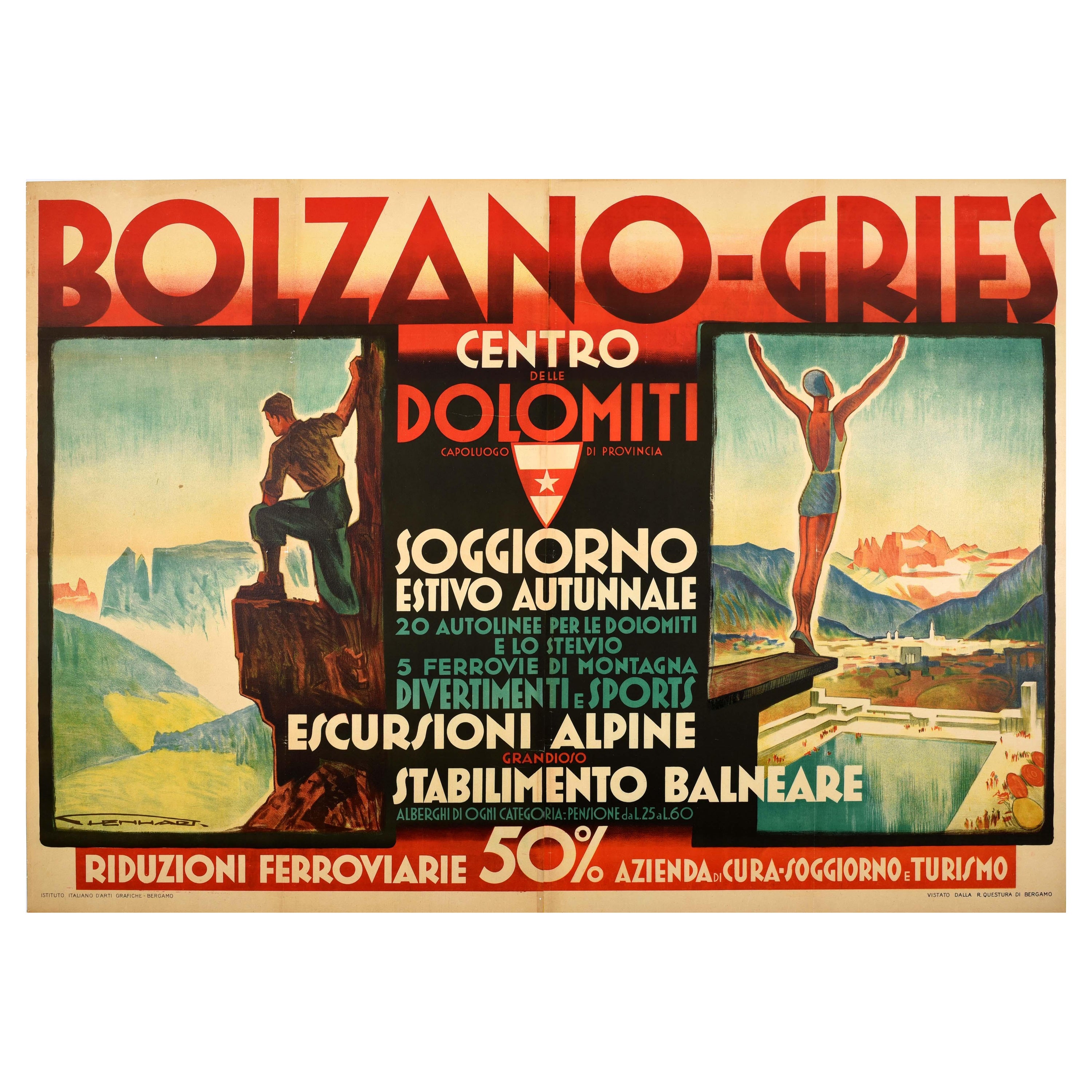 Poster di viaggio originale d'epoca per l'Italia Bolzano Gries Dolomiti Franz Lenhart