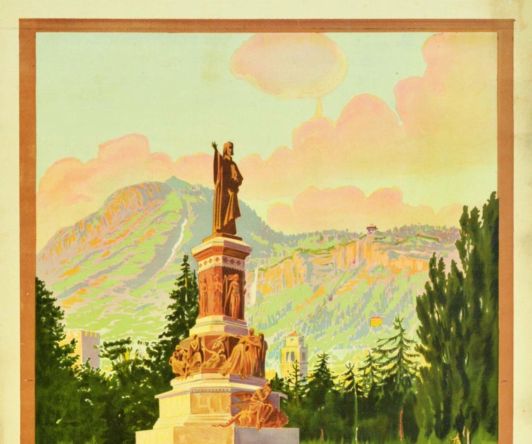 Original vintage travel poster promoting the alpine city in Northern Italy Trento published by ENIT the Italian Tourism Board and the Italian State Railways featuring stunning artwork of the historic 1896 Monument to Dante statue of the Italian poet