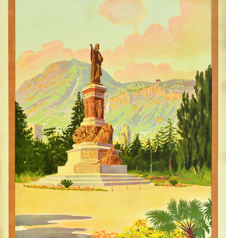 Original Vintage Italy Travel Poster Trento Alps Monument To Dante ENIT Railways In Good Condition For Sale In London, GB