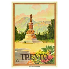 Affiche de voyage italienne vintage d'origine Trento Alpes Monument To Dante, Chemin de fer ENIT, chemin de fer