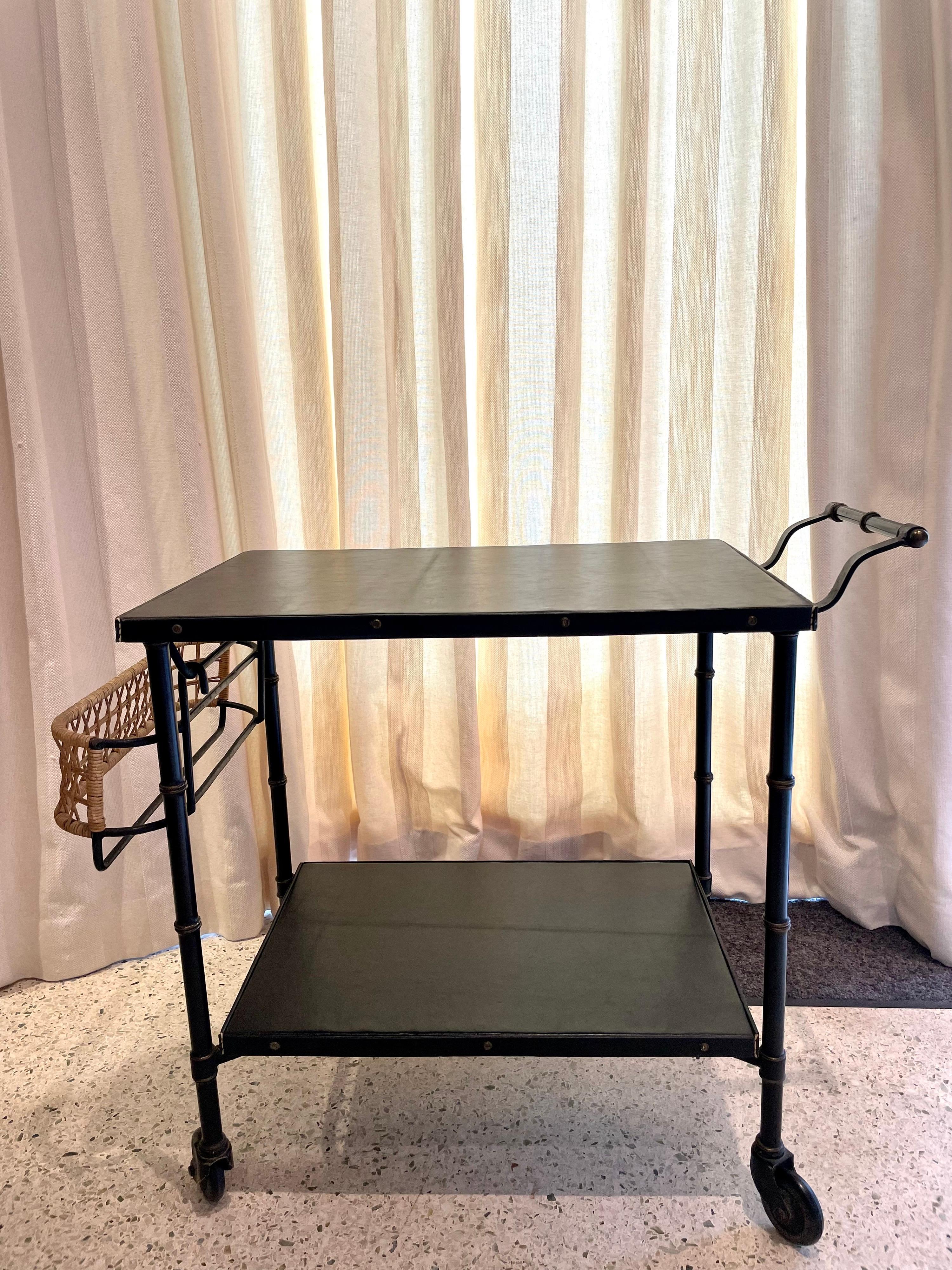 Original Vintage Jacques Adnet Bar Cart en cuir noir et osier Stitch by Stitch en vente 4