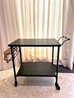 Original Vintage Jacques Adnet Black Stitched Leather & Wicker Bar Cart