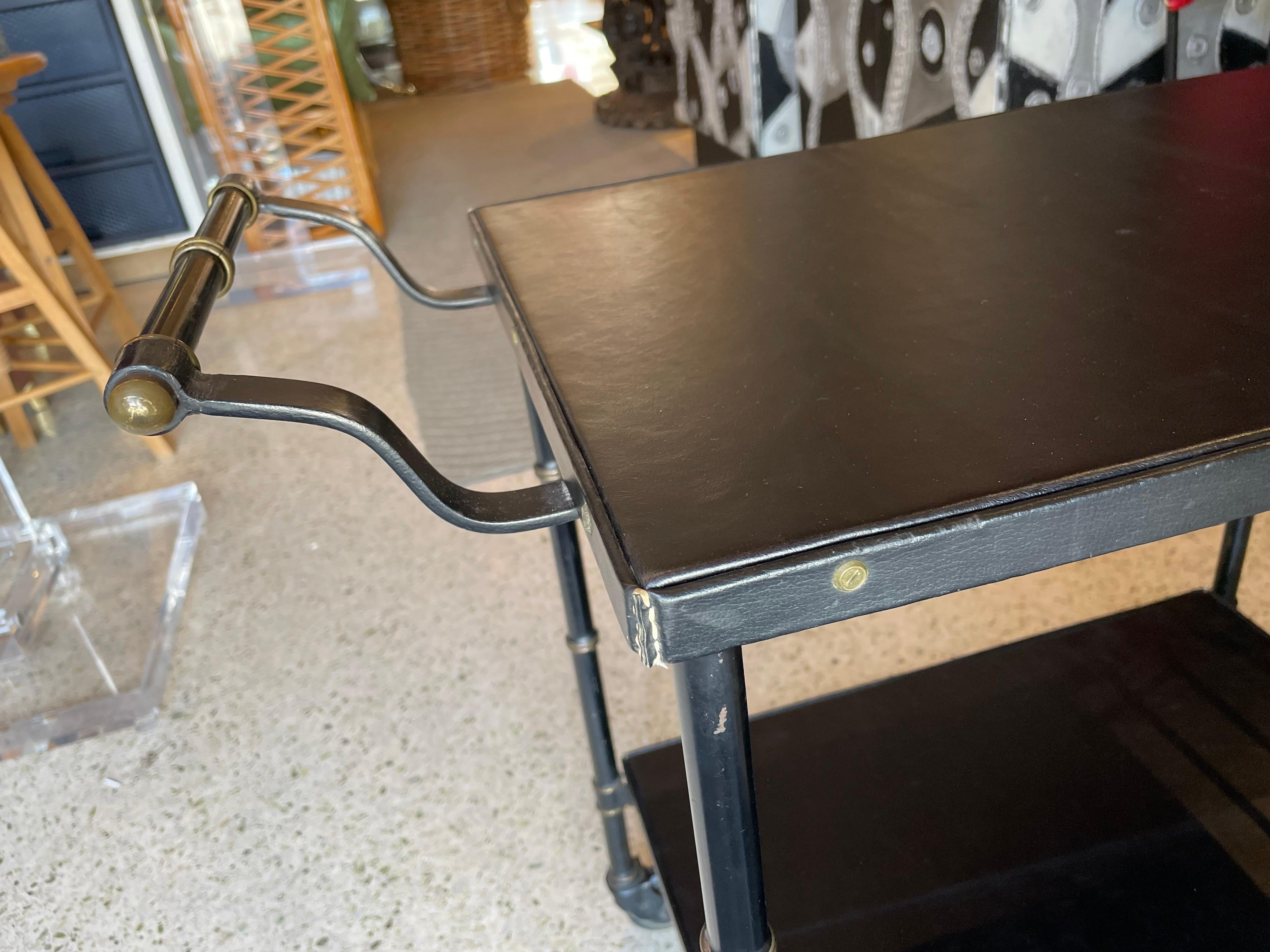 Original Vintage Jacques Adnet Bar Cart en cuir noir et osier Stitch by Stitch Bon état - En vente à East Hampton, NY